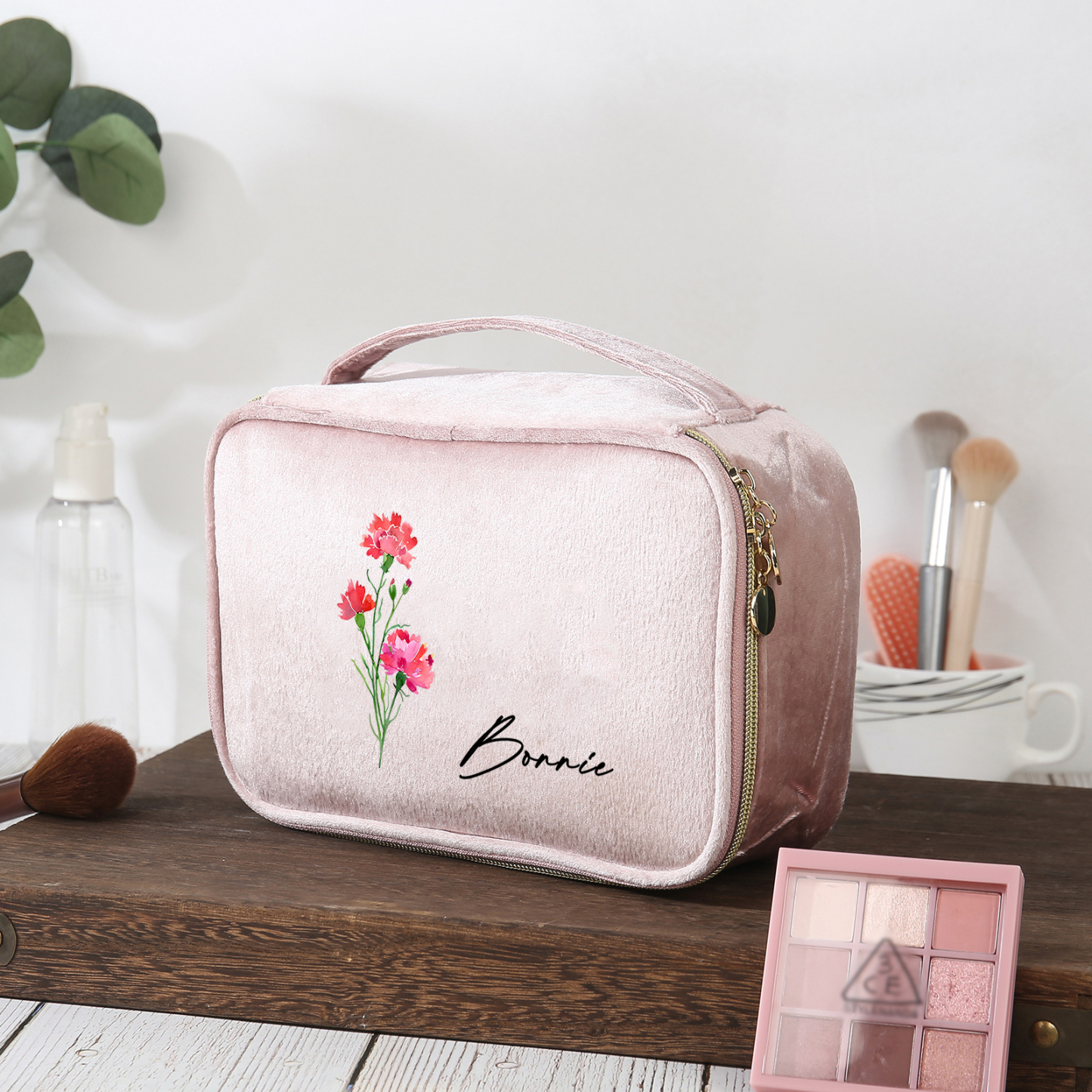 Custom Name and Birthflower Flannel Personalised Travel Cosmetic Makeup Bag - Bridesmaid Wedding Gift for Ladies