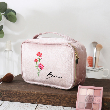Custom Name and Birthflower Flannel Personalised Travel Cosmetic Makeup Bag - Bridesmaid Wedding Gift for Ladies