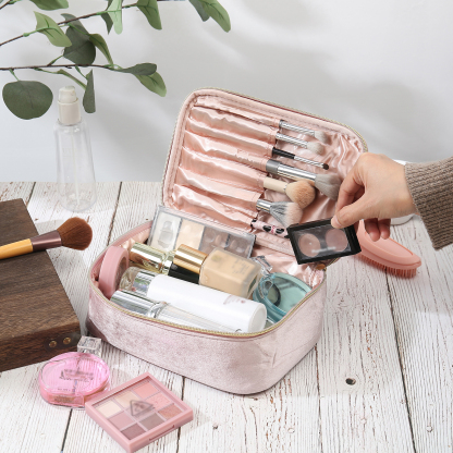 Custom Name and Birthflower Flannel Personalised Travel Cosmetic Makeup Bag - Bridesmaid Wedding Gift for Ladies
