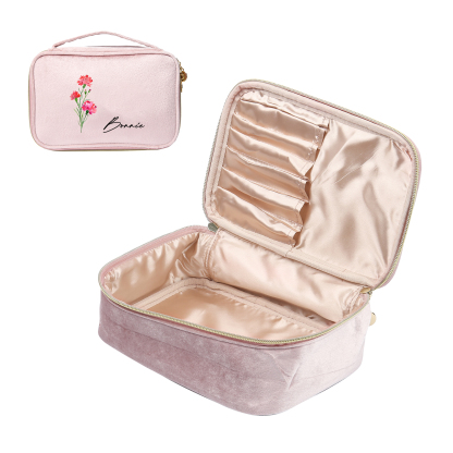 Custom Name and Birthflower Flannel Personalised Travel Cosmetic Makeup Bag - Bridesmaid Wedding Gift for Ladies