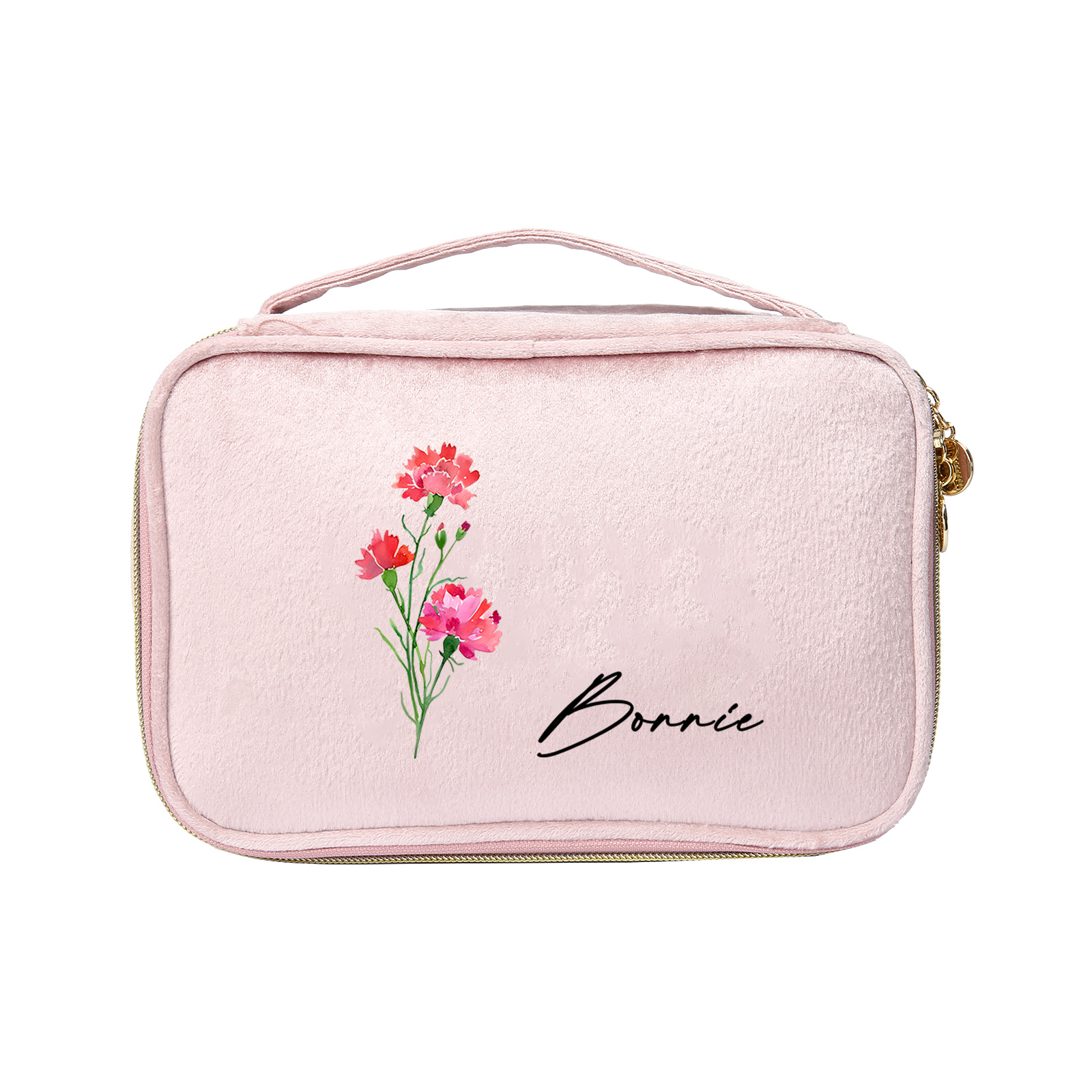 Custom Name and Birthflower Flannel Personalised Travel Cosmetic Makeup Bag - Bridesmaid Wedding Gift for Ladies