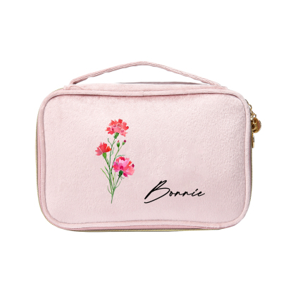 Custom Name and Birthflower Flannel Personalised Travel Cosmetic Makeup Bag - Bridesmaid Wedding Gift for Ladies