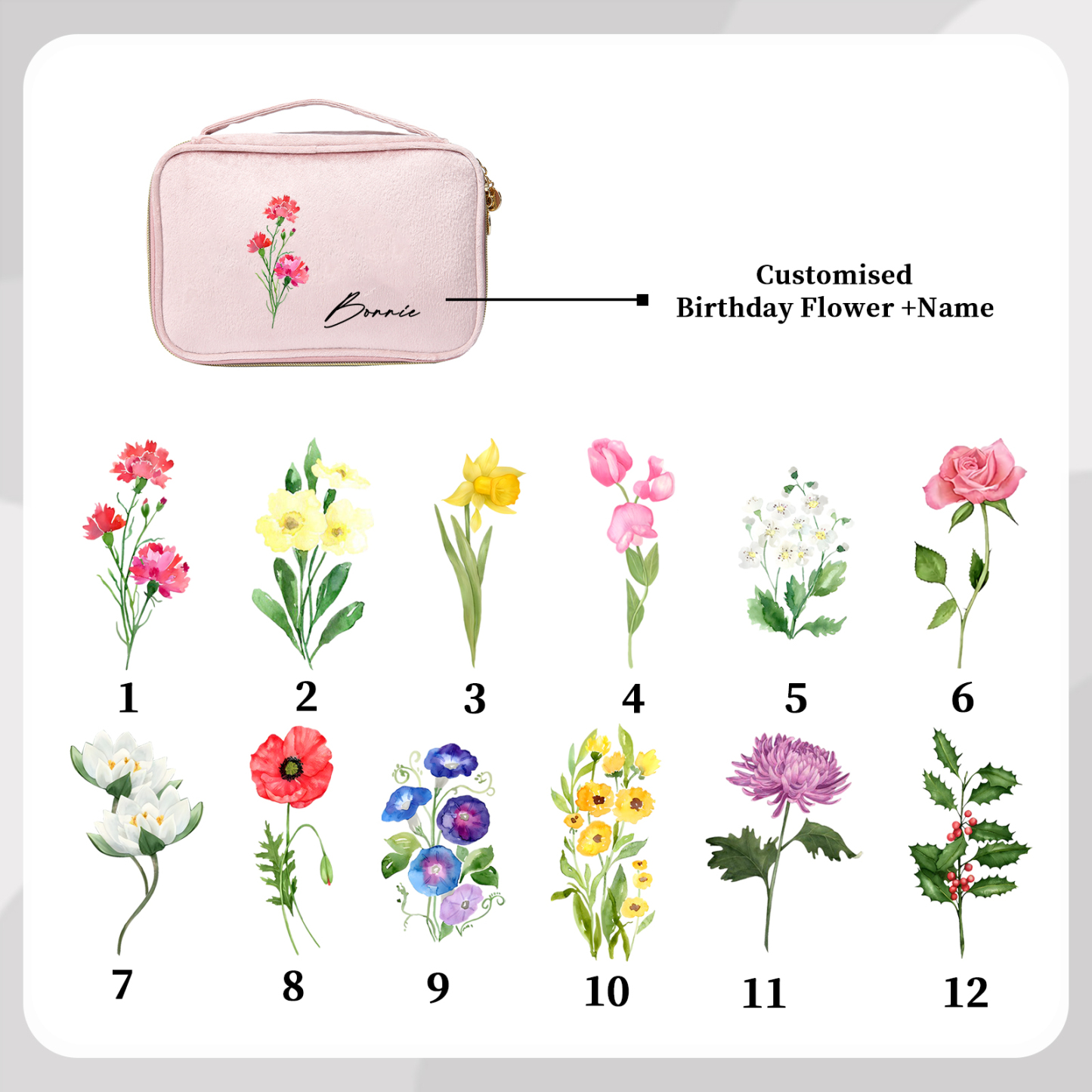 Custom Name and Birthflower Flannel Personalised Travel Cosmetic Makeup Bag - Bridesmaid Wedding Gift for Ladies