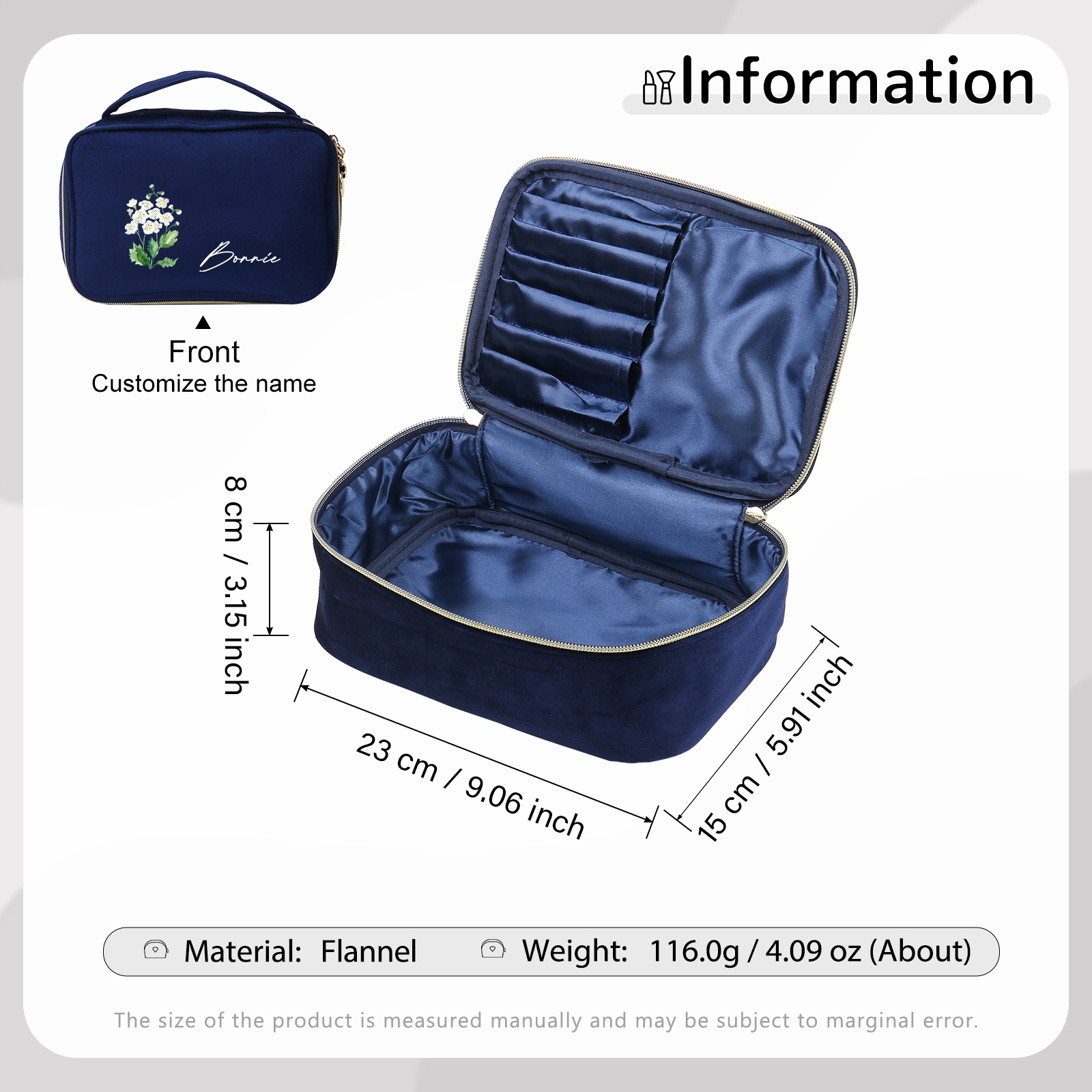 Custom Name and Birthflower Flannel Personalised Travel Cosmetic Makeup Bag - Bridesmaid Wedding Gift for Ladies