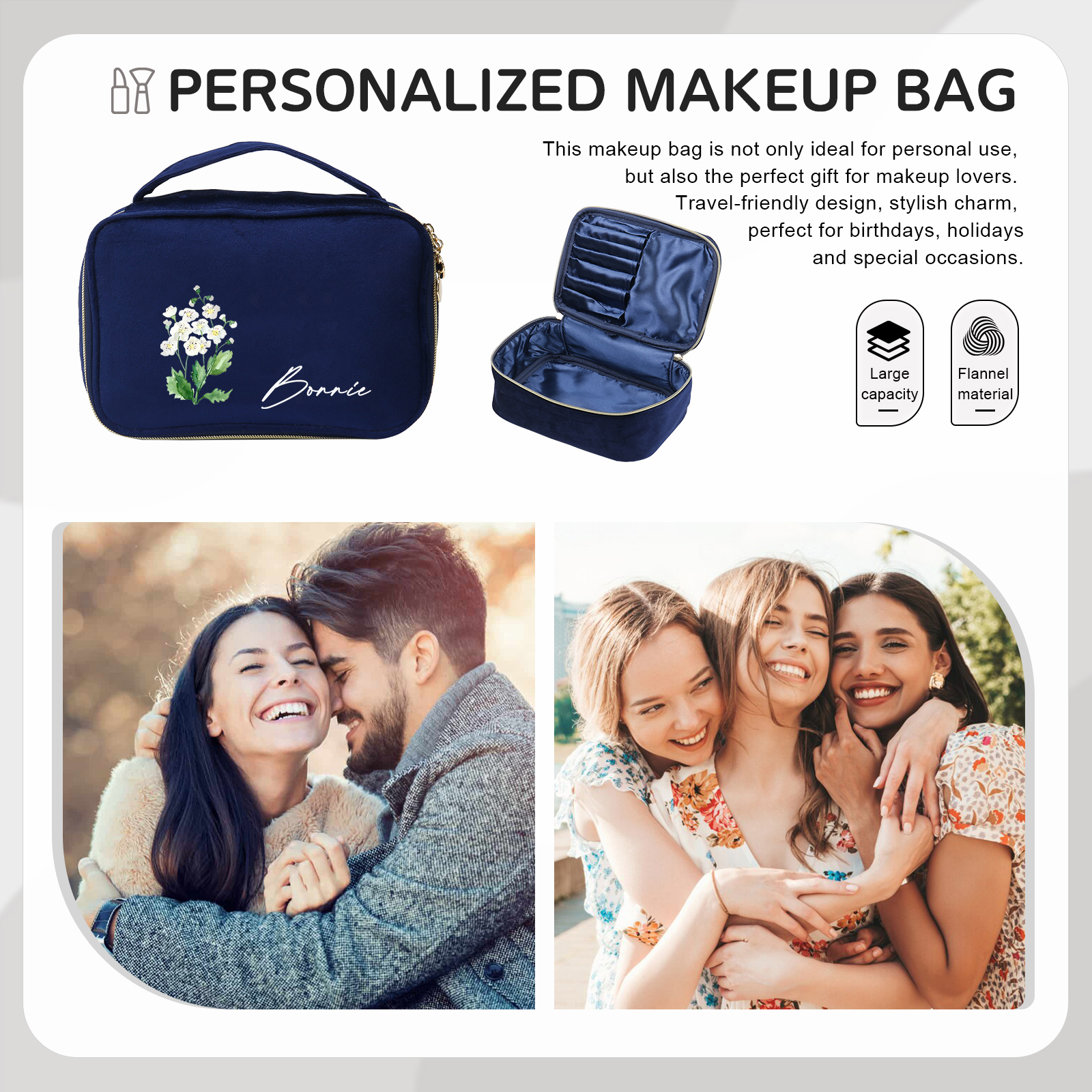 Custom Name and Birthflower Flannel Personalised Travel Cosmetic Makeup Bag - Bridesmaid Wedding Gift for Ladies