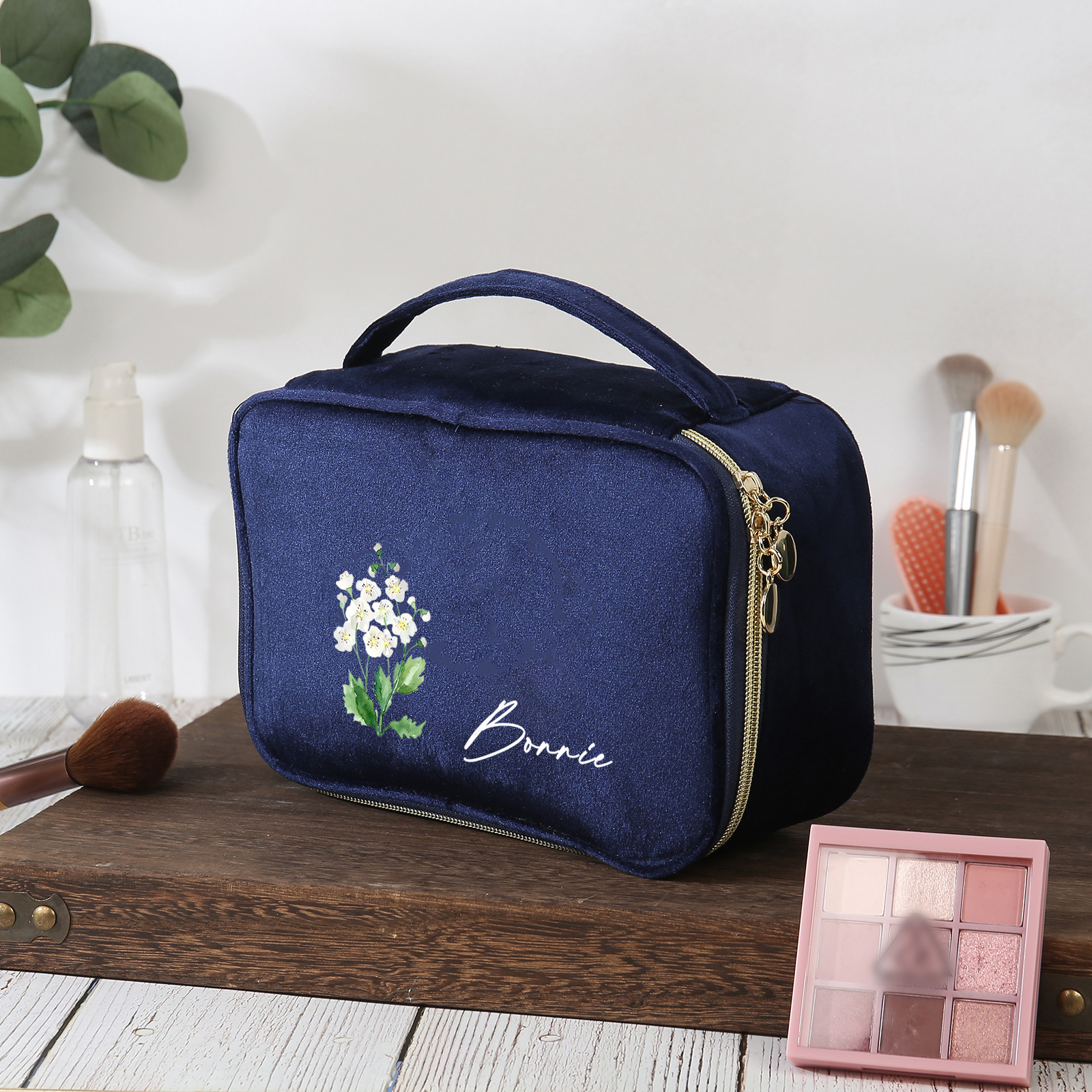 Custom Name and Birthflower Flannel Personalised Travel Cosmetic Makeup Bag - Bridesmaid Wedding Gift for Ladies