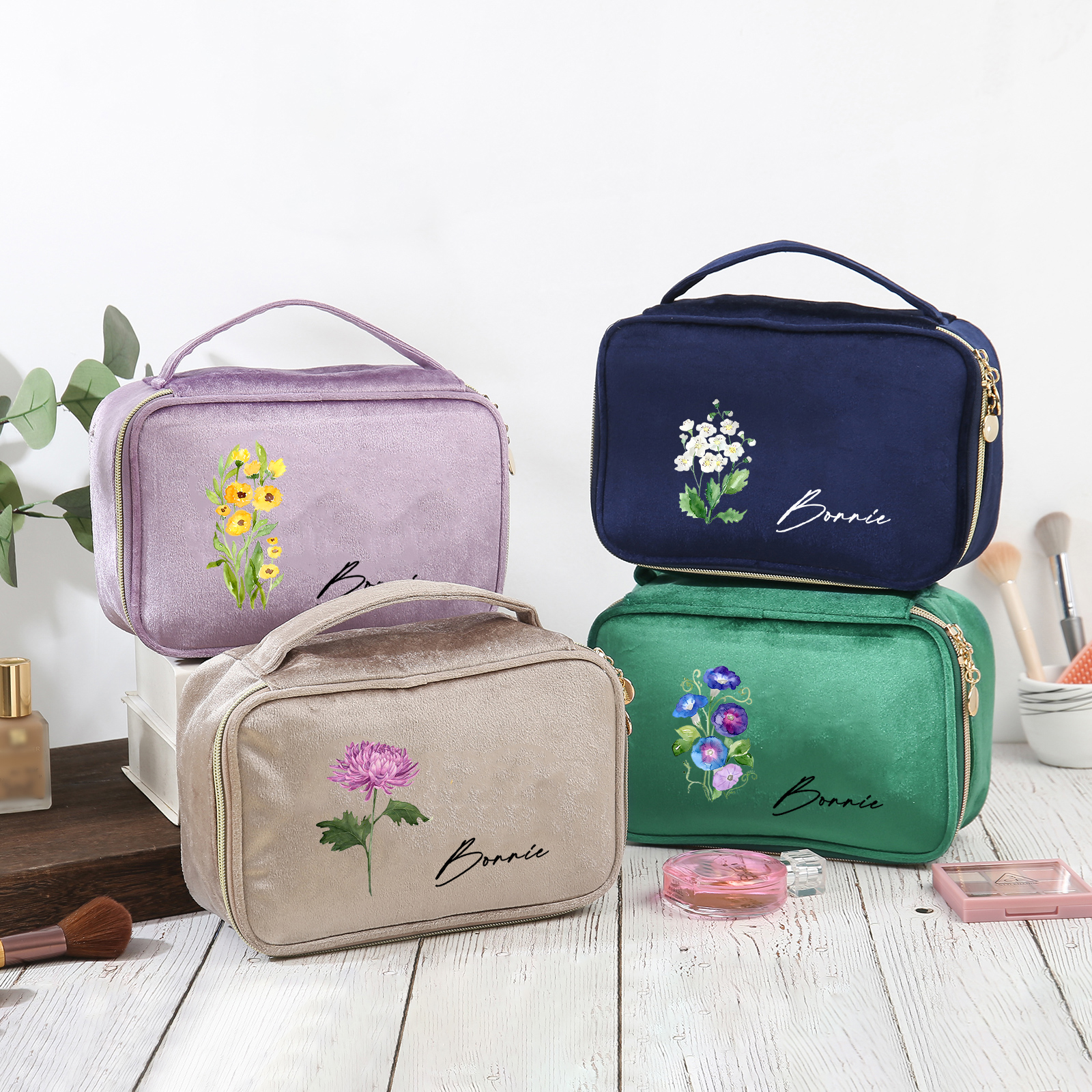 Custom Name and Birthflower Flannel Personalised Travel Cosmetic Makeup Bag - Bridesmaid Wedding Gift for Ladies