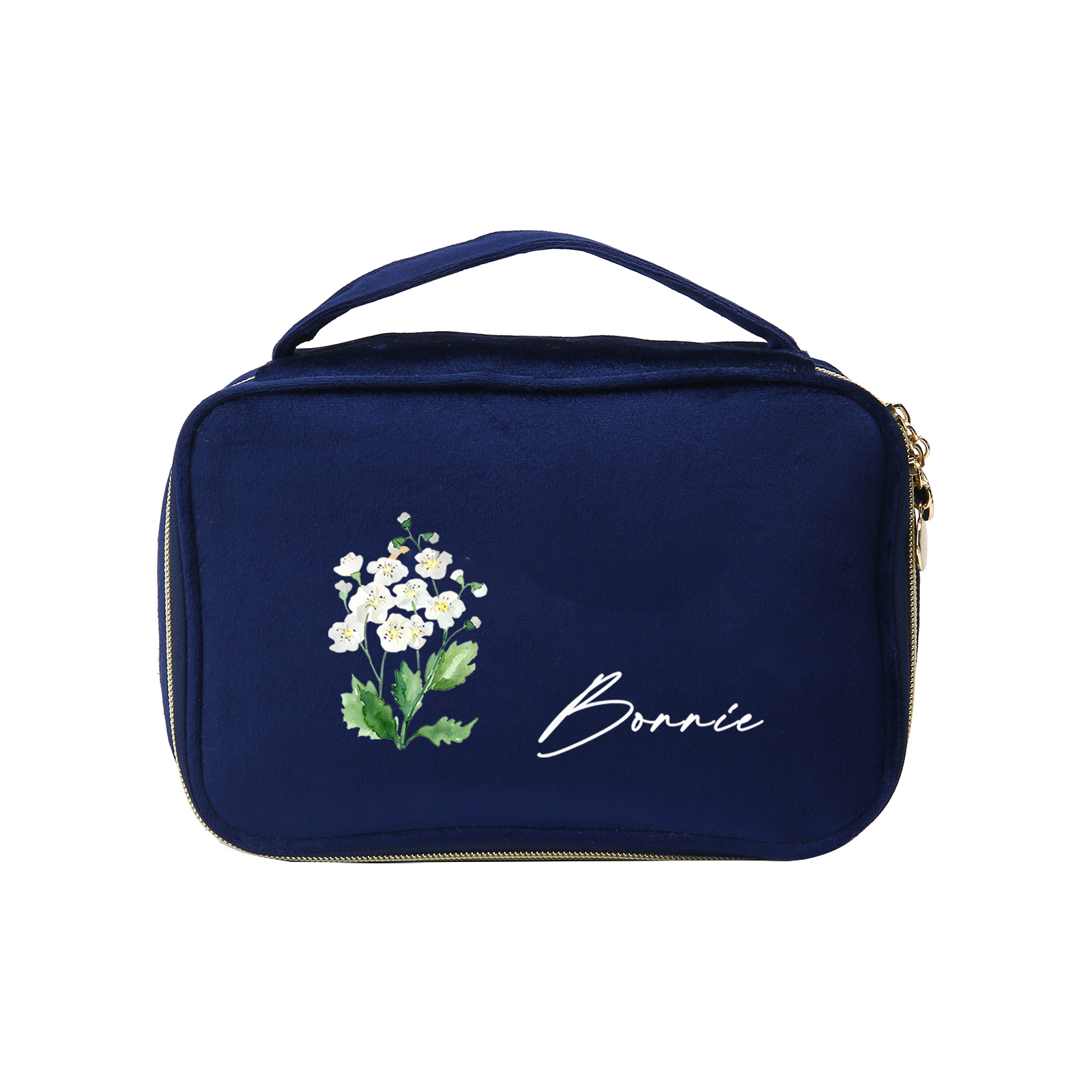 Custom Name and Birthflower Flannel Personalised Travel Cosmetic Makeup Bag - Bridesmaid Wedding Gift for Ladies
