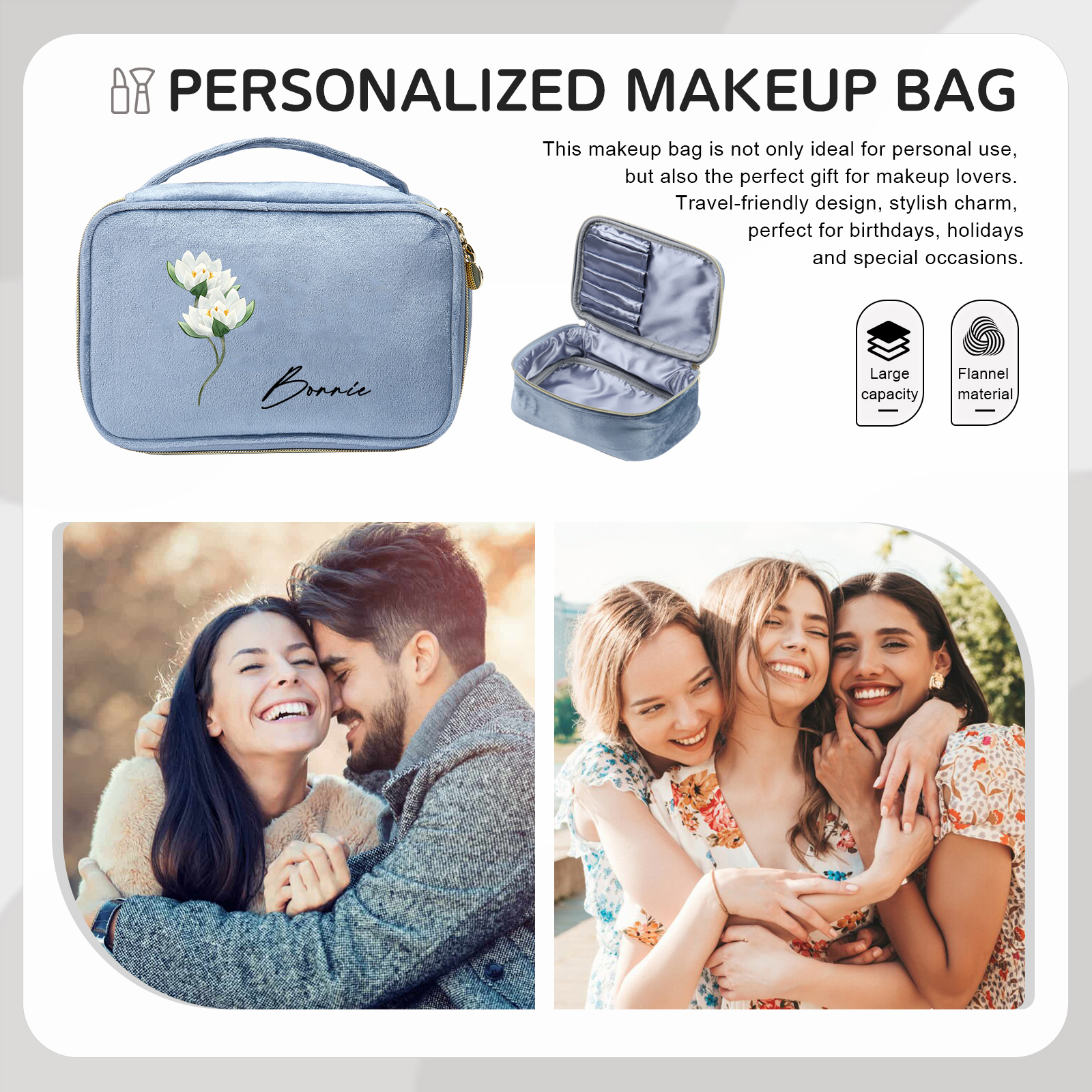 Custom Name and Birthflower Flannel Personalised Travel Cosmetic Makeup Bag - Bridesmaid Wedding Gift for Ladies