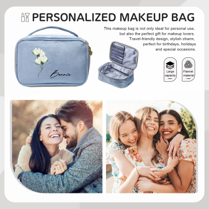 Custom Name and Birthflower Flannel Personalised Travel Cosmetic Makeup Bag - Bridesmaid Wedding Gift for Ladies