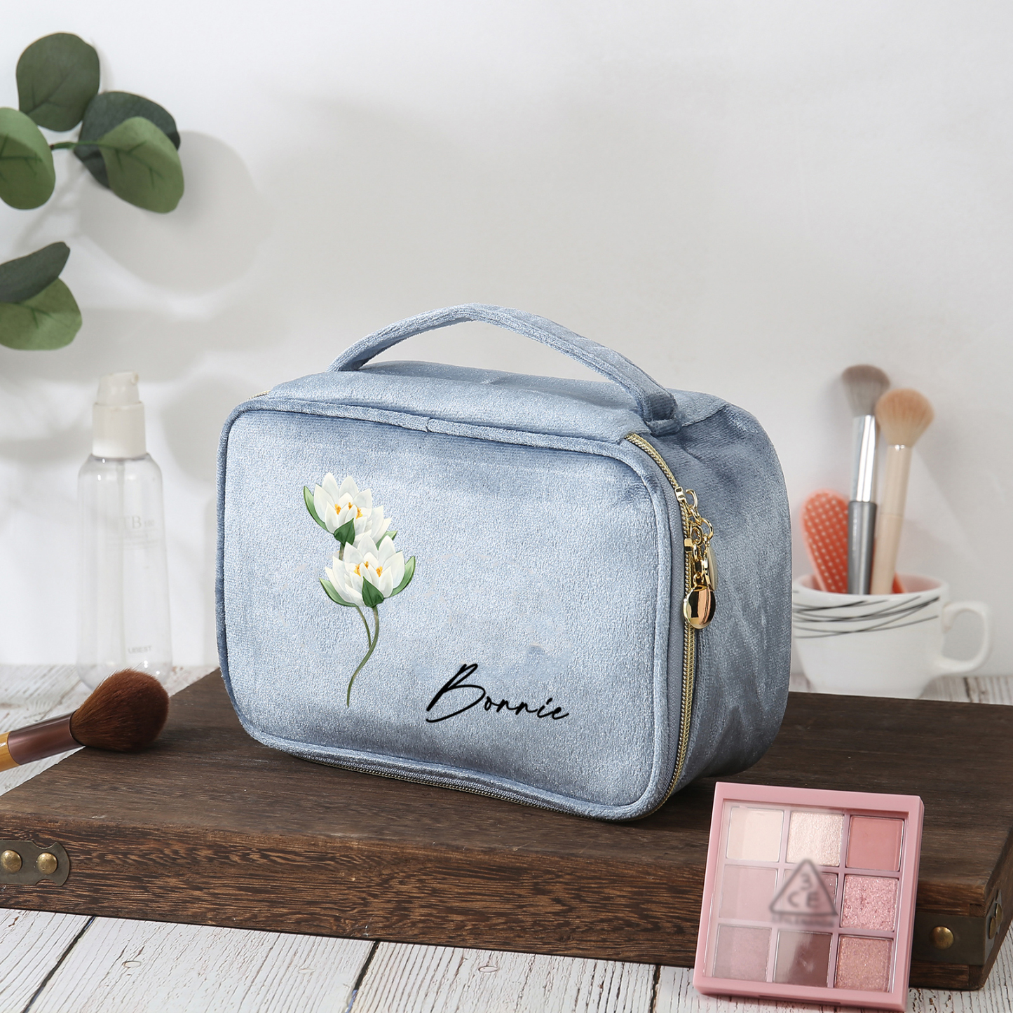 Custom Name and Birthflower Flannel Personalised Travel Cosmetic Makeup Bag - Bridesmaid Wedding Gift for Ladies