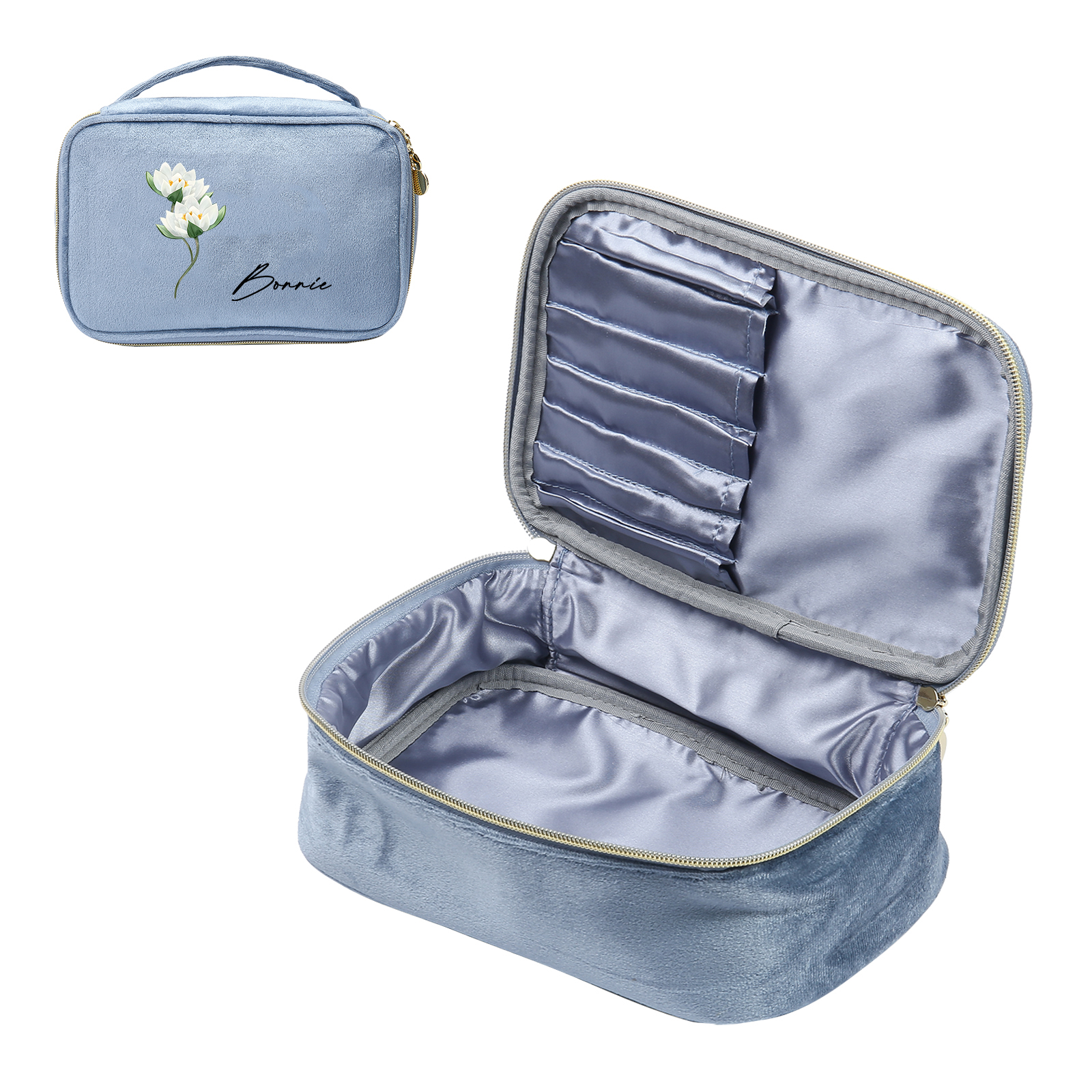 Custom Name and Birthflower Flannel Personalised Travel Cosmetic Makeup Bag - Bridesmaid Wedding Gift for Ladies