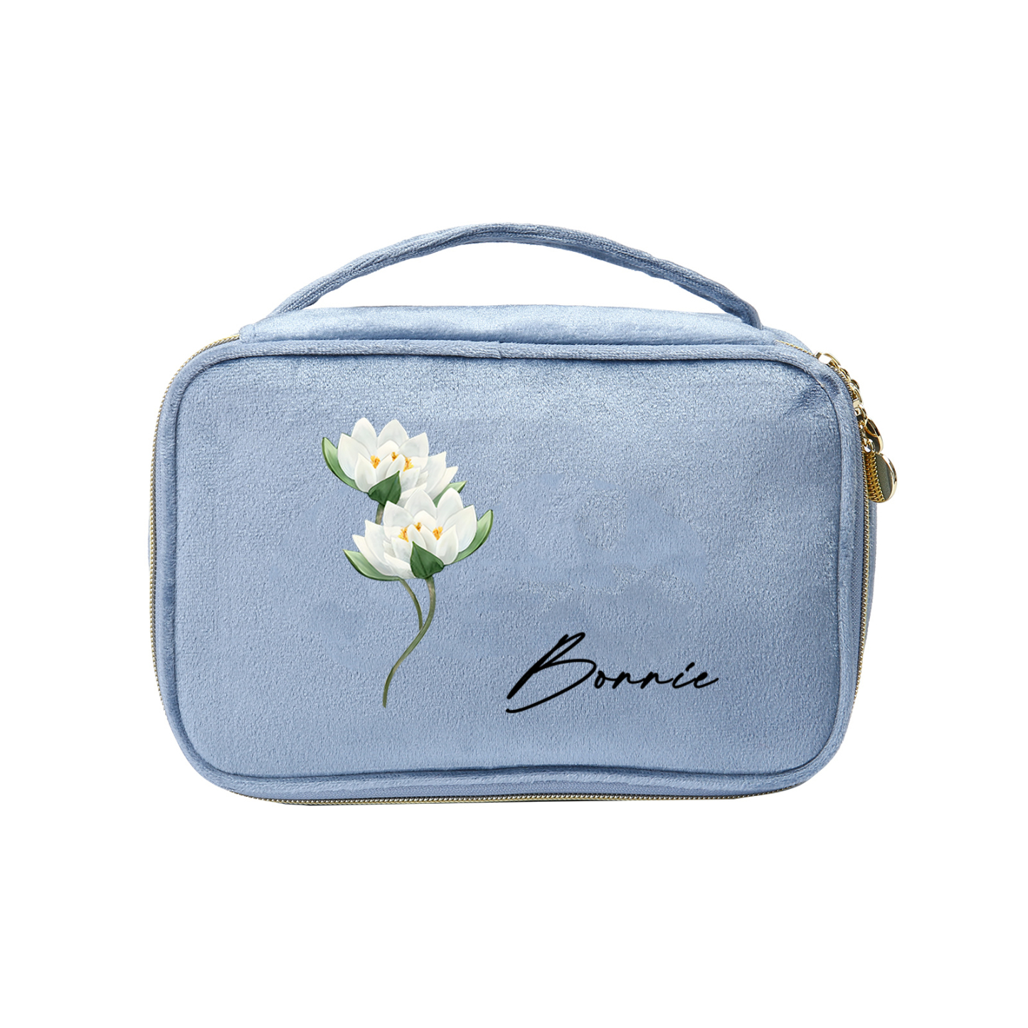 Custom Name and Birthflower Flannel Personalised Travel Cosmetic Makeup Bag - Bridesmaid Wedding Gift for Ladies