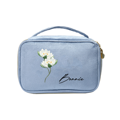 Custom Name and Birthflower Flannel Personalised Travel Cosmetic Makeup Bag - Bridesmaid Wedding Gift for Ladies