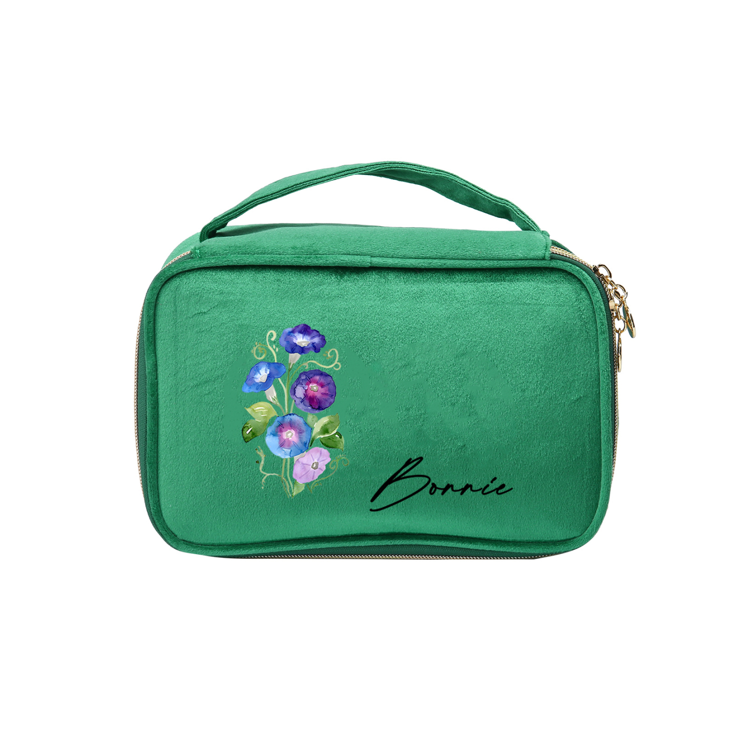 Custom Name and Birthflower Flannel Personalised Travel Cosmetic Makeup Bag - Bridesmaid Wedding Gift for Ladies
