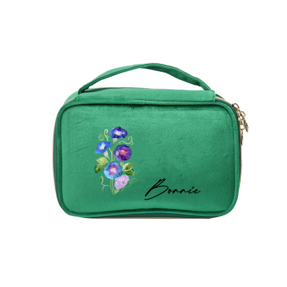 Custom Name and Birthflower Flannel Personalised Travel Cosmetic Makeup Bag - Bridesmaid Wedding Gift for Ladies