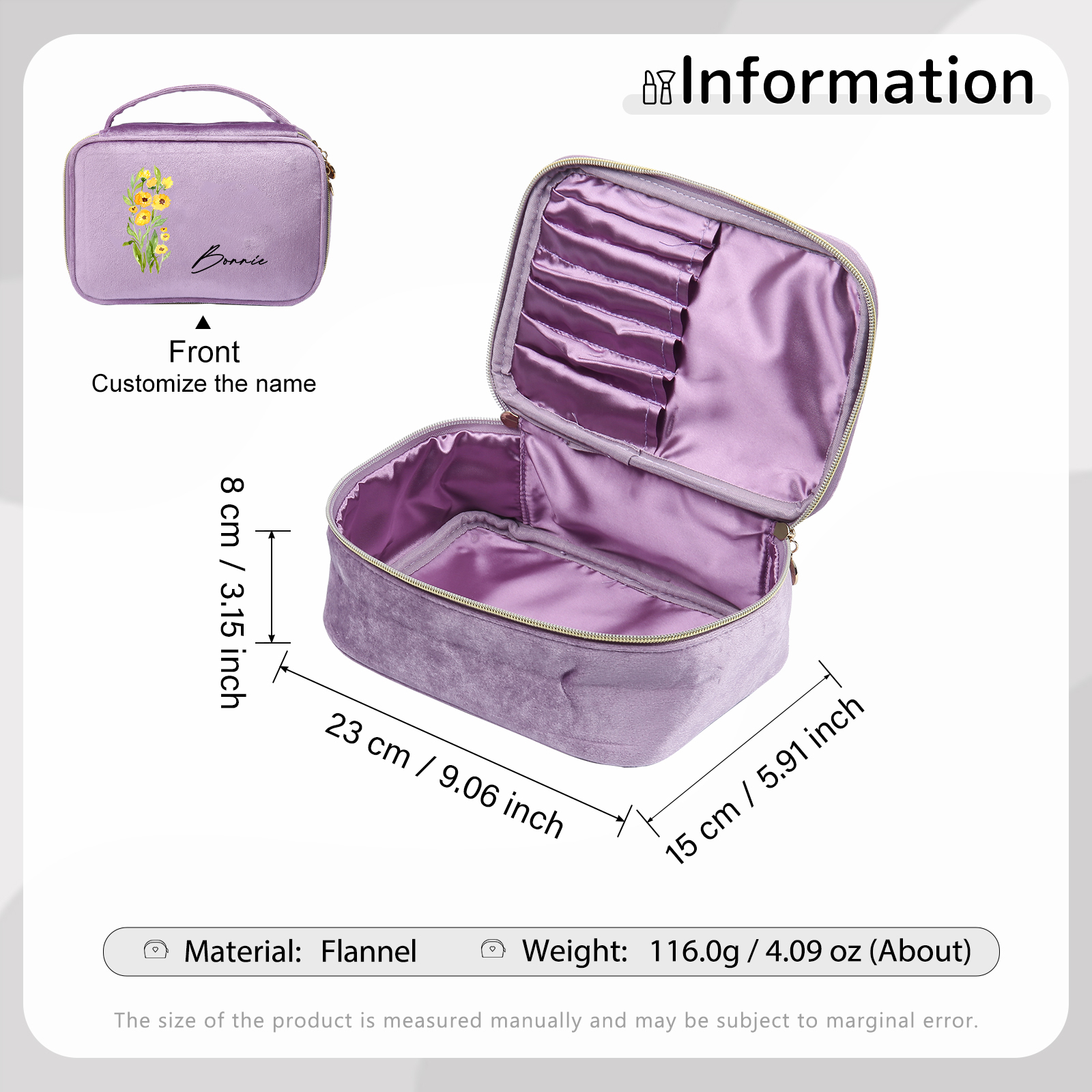 Custom Name and Birthflower Flannel Personalised Travel Cosmetic Makeup Bag - Bridesmaid Wedding Gift for Ladies