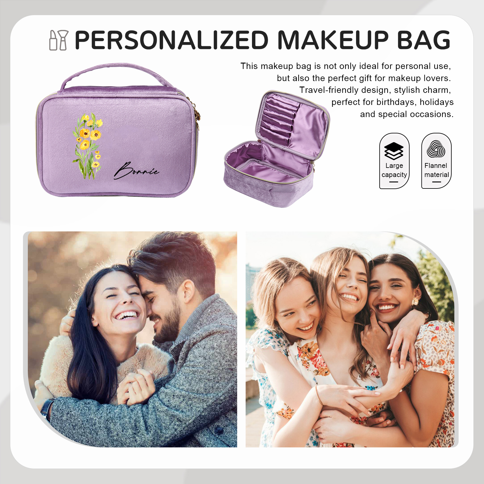 Custom Name and Birthflower Flannel Personalised Travel Cosmetic Makeup Bag - Bridesmaid Wedding Gift for Ladies