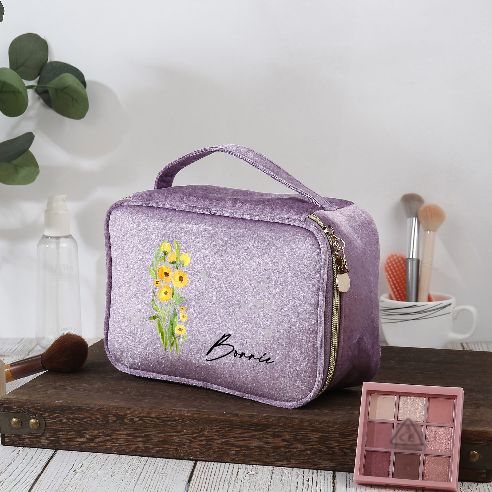 Custom Name and Birthflower Flannel Personalised Travel Cosmetic Makeup Bag - Bridesmaid Wedding Gift for Ladies