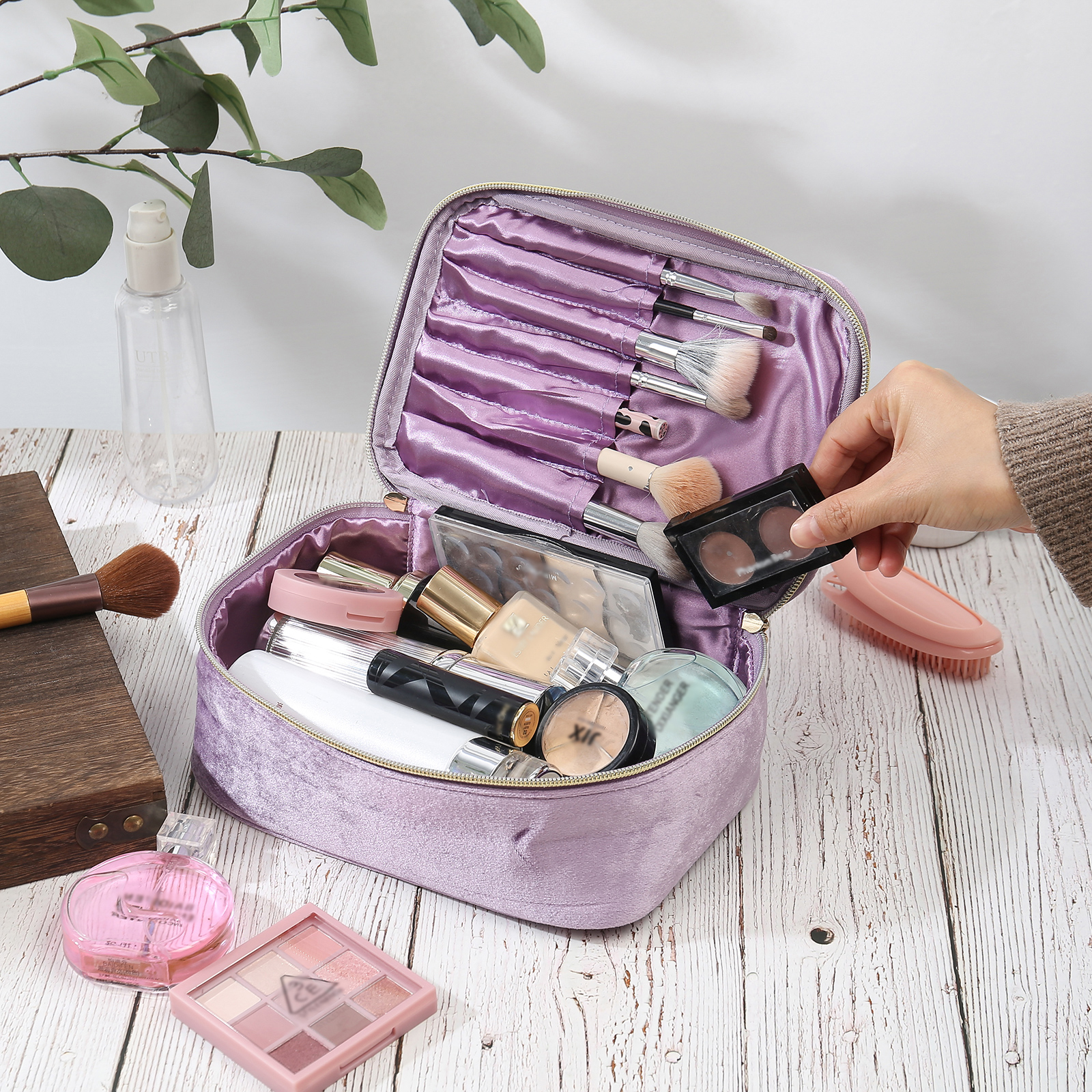 Custom Name and Birthflower Flannel Personalised Travel Cosmetic Makeup Bag - Bridesmaid Wedding Gift for Ladies