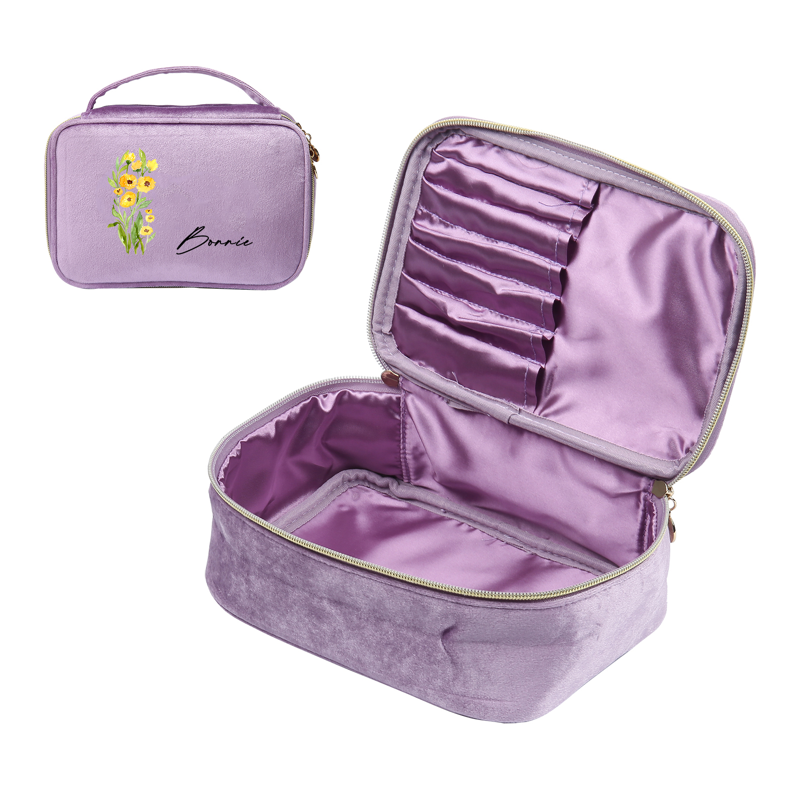 Custom Name and Birthflower Flannel Personalised Travel Cosmetic Makeup Bag - Bridesmaid Wedding Gift for Ladies