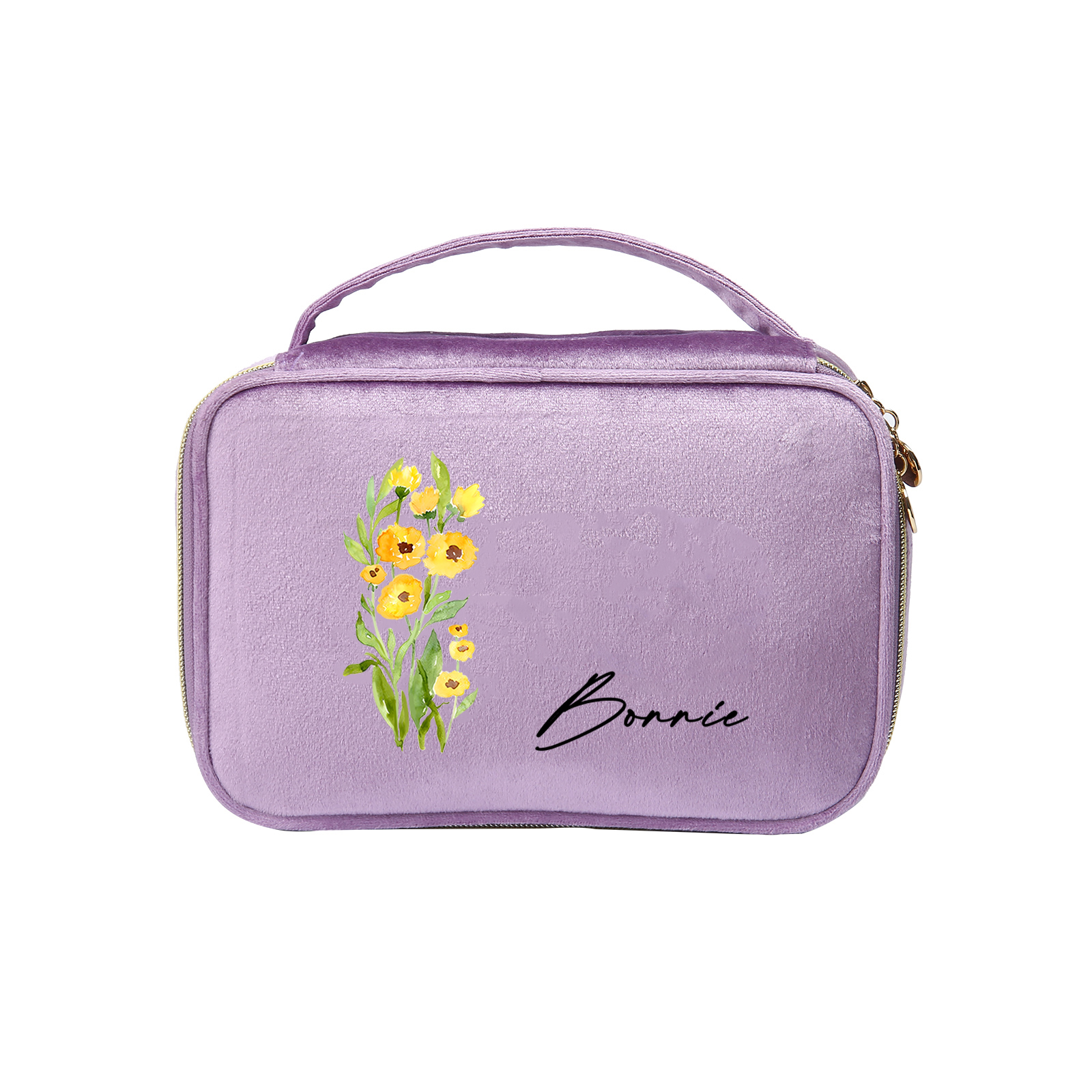 Custom Name and Birthflower Flannel Personalised Travel Cosmetic Makeup Bag - Bridesmaid Wedding Gift for Ladies