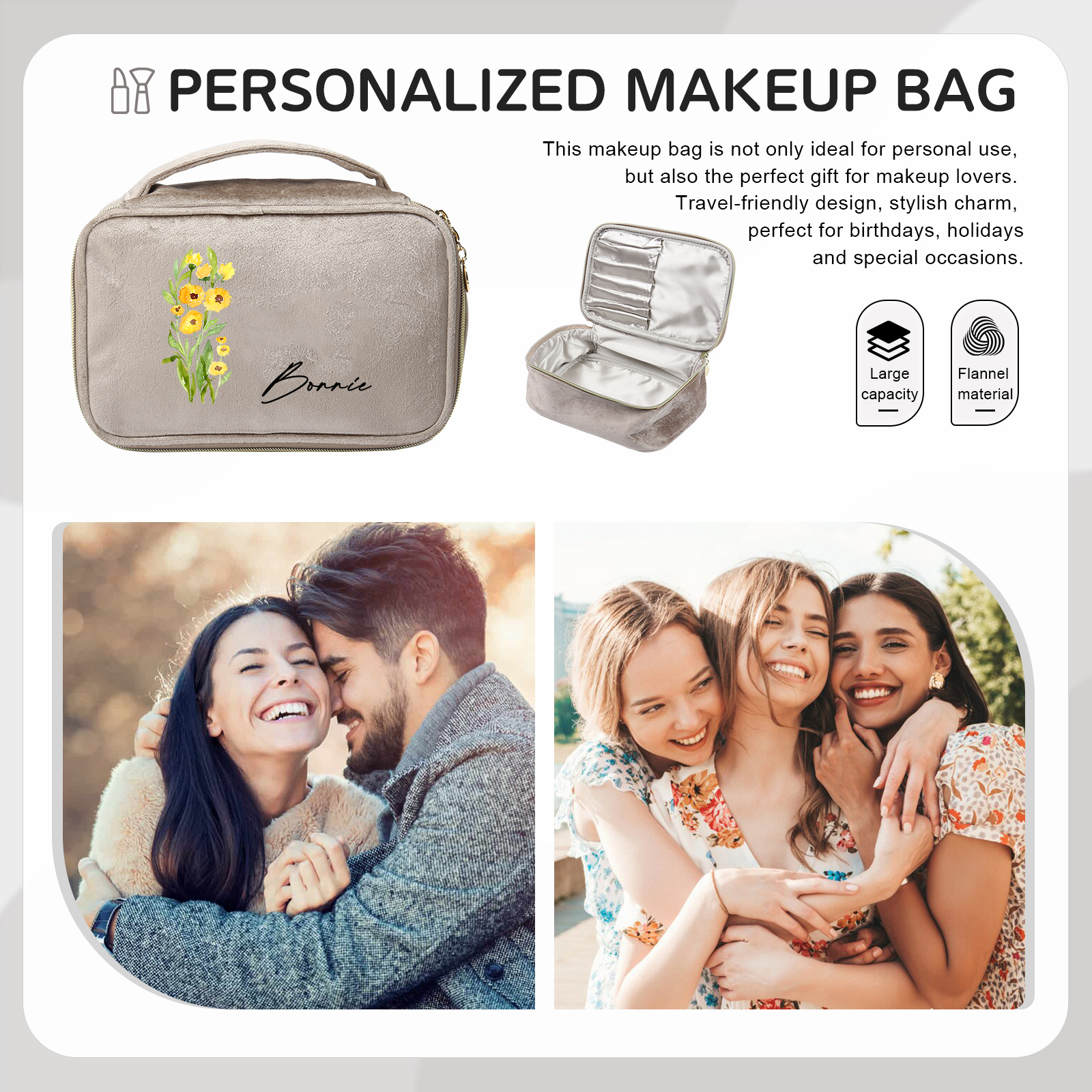 Custom Name and Birthflower Flannel Personalised Travel Cosmetic Makeup Bag - Bridesmaid Wedding Gift for Ladies