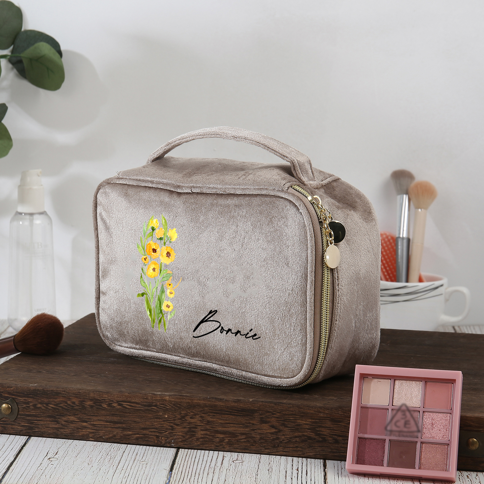 Custom Name and Birthflower Flannel Personalised Travel Cosmetic Makeup Bag - Bridesmaid Wedding Gift for Ladies