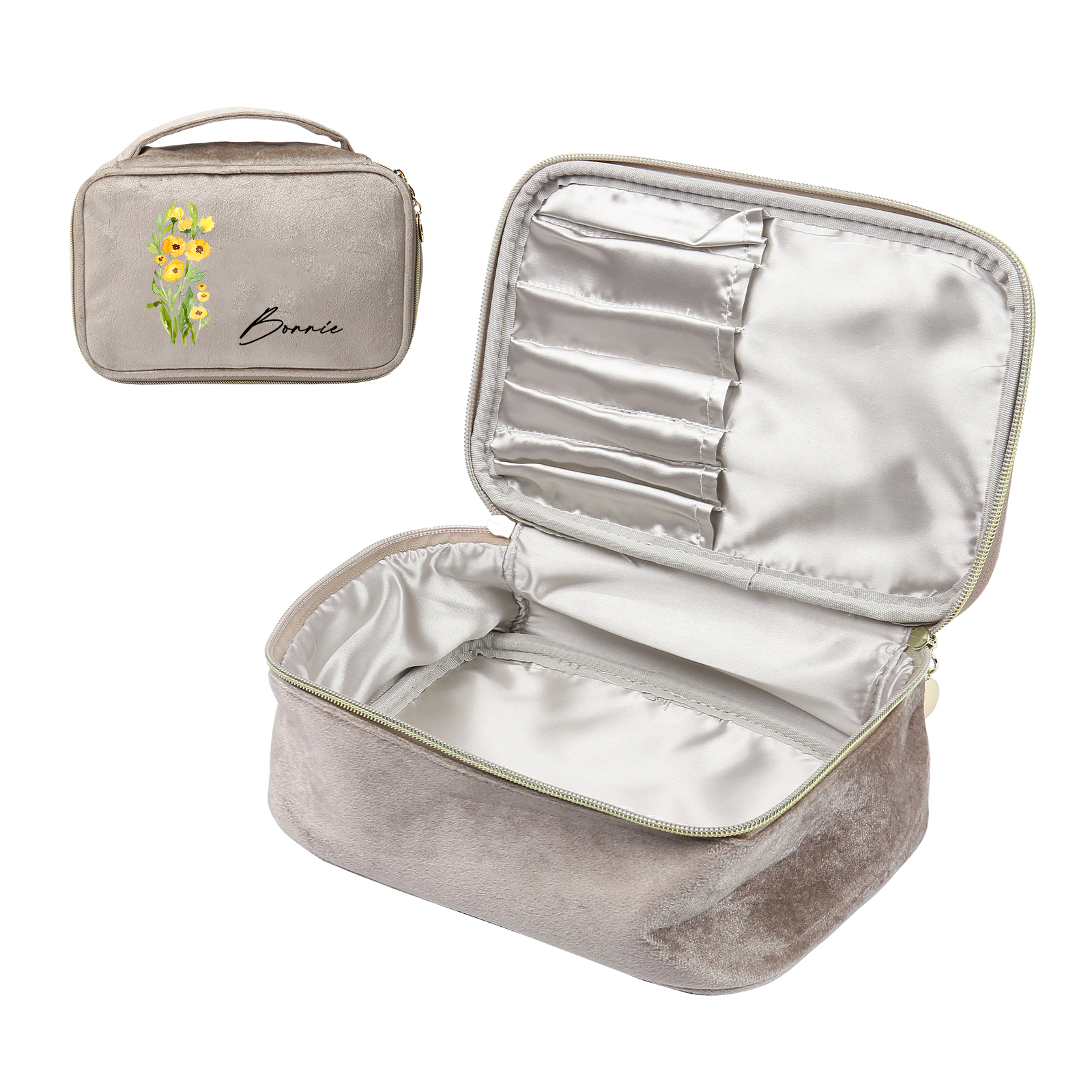 Custom Name and Birthflower Flannel Personalised Travel Cosmetic Makeup Bag - Bridesmaid Wedding Gift for Ladies