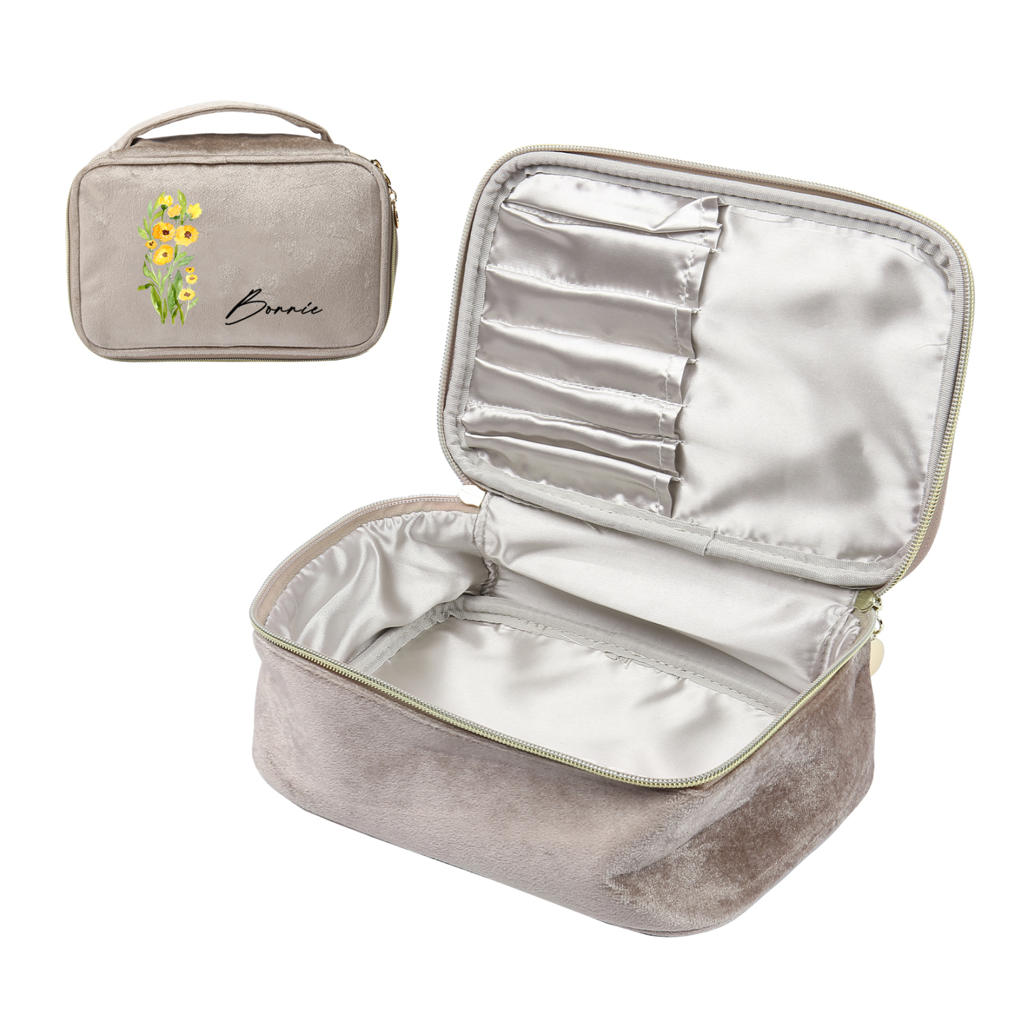 Custom Name and Birthflower Flannel Personalised Travel Cosmetic Makeup Bag - Bridesmaid Wedding Gift for Ladies