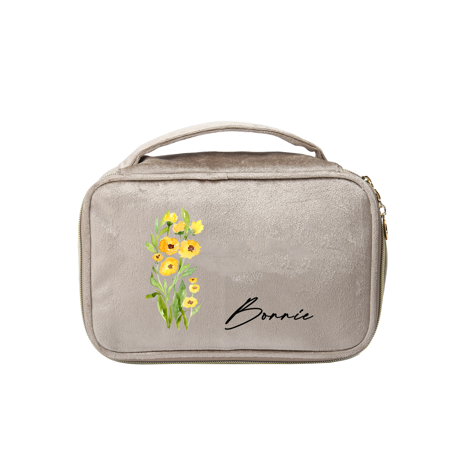 Custom Name and Birthflower Flannel Personalised Travel Cosmetic Makeup Bag - Bridesmaid Wedding Gift for Ladies