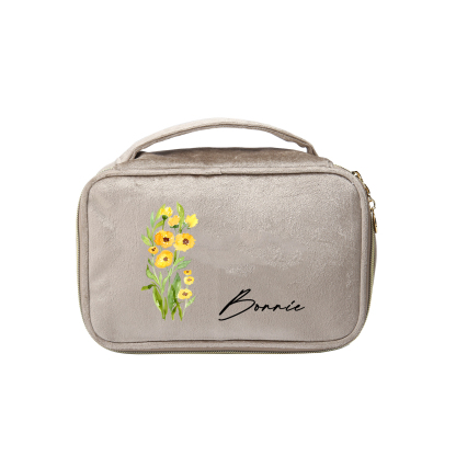 Custom Name and Birthflower Flannel Personalised Travel Cosmetic Makeup Bag - Bridesmaid Wedding Gift for Ladies