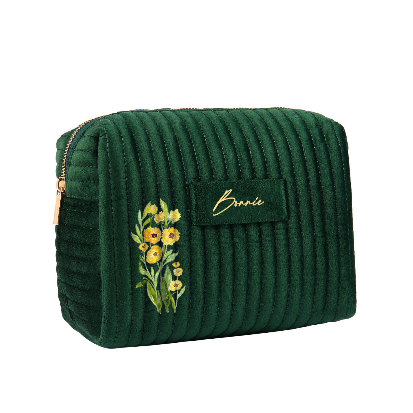 Ladies Personalised Name and Birthflower Velvet Custom Travel Cosmetic Makeup Bag With Compartments - Wedding Gift for Bridesmaid 