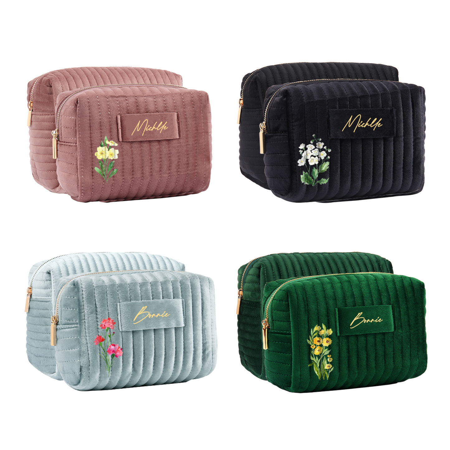 Ladies Personalised Name and Birthflower Velvet Custom Travel Cosmetic Makeup Bag With Compartments - Wedding Gift for Bridesmaid 