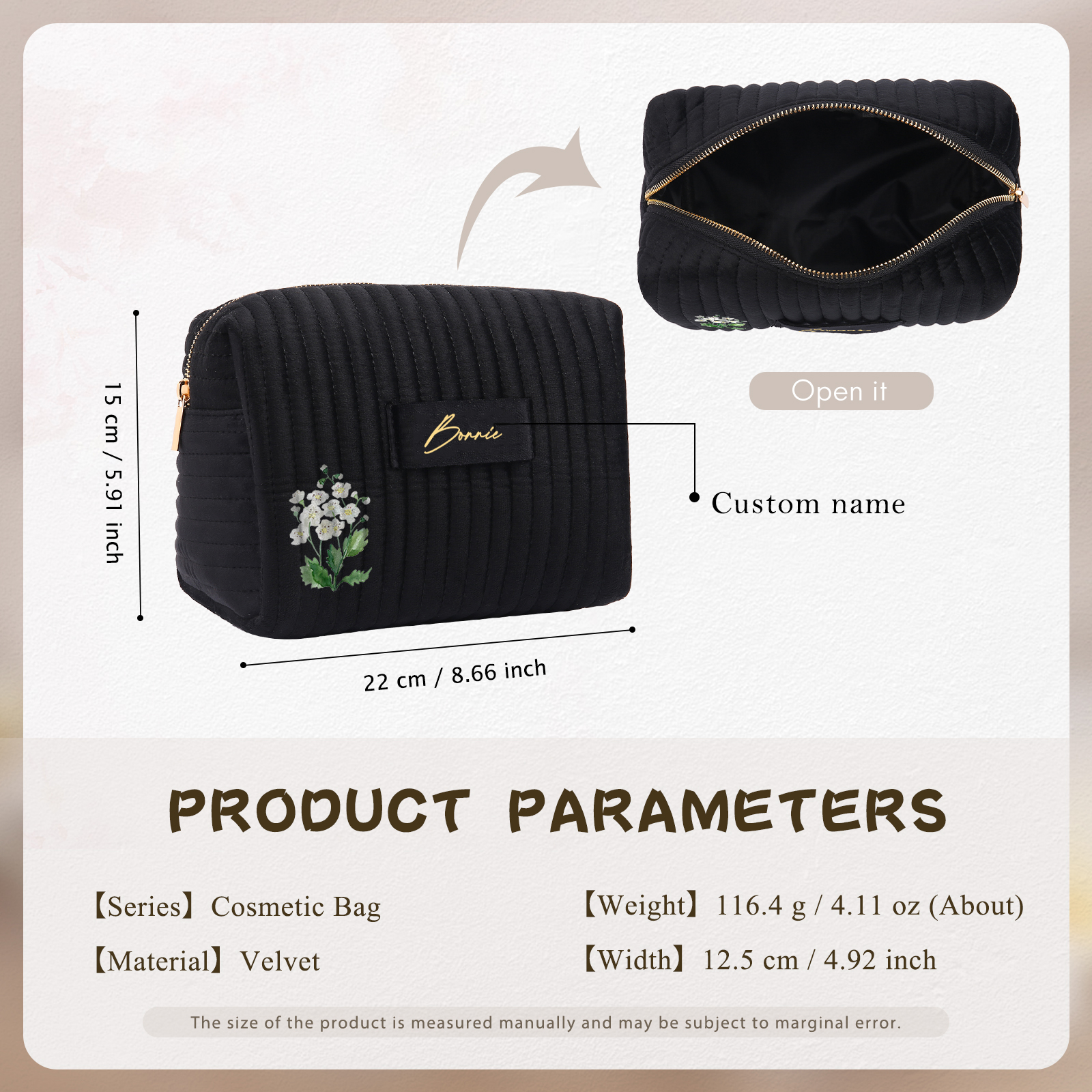 Ladies Personalised Name and Birthflower Velvet Custom Travel Cosmetic Makeup Bag With Compartments - Wedding Gift for Bridesmaid 