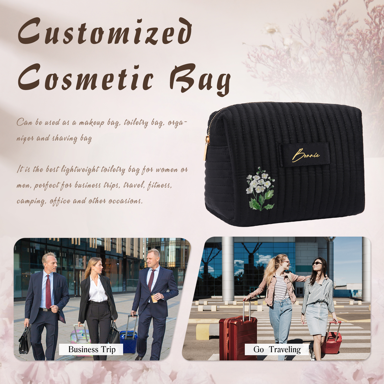 Ladies Personalised Name and Birthflower Velvet Custom Travel Cosmetic Makeup Bag With Compartments - Wedding Gift for Bridesmaid 