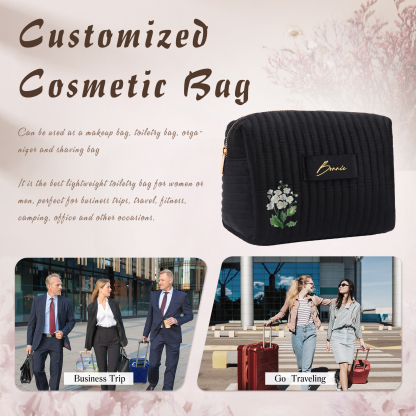 Ladies Personalised Name and Birthflower Velvet Custom Travel Cosmetic Makeup Bag With Compartments - Wedding Gift for Bridesmaid 