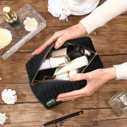 Ladies Personalised Name and Birthflower Velvet Custom Travel Cosmetic Makeup Bag With Compartments - Wedding Gift for Bridesmaid 