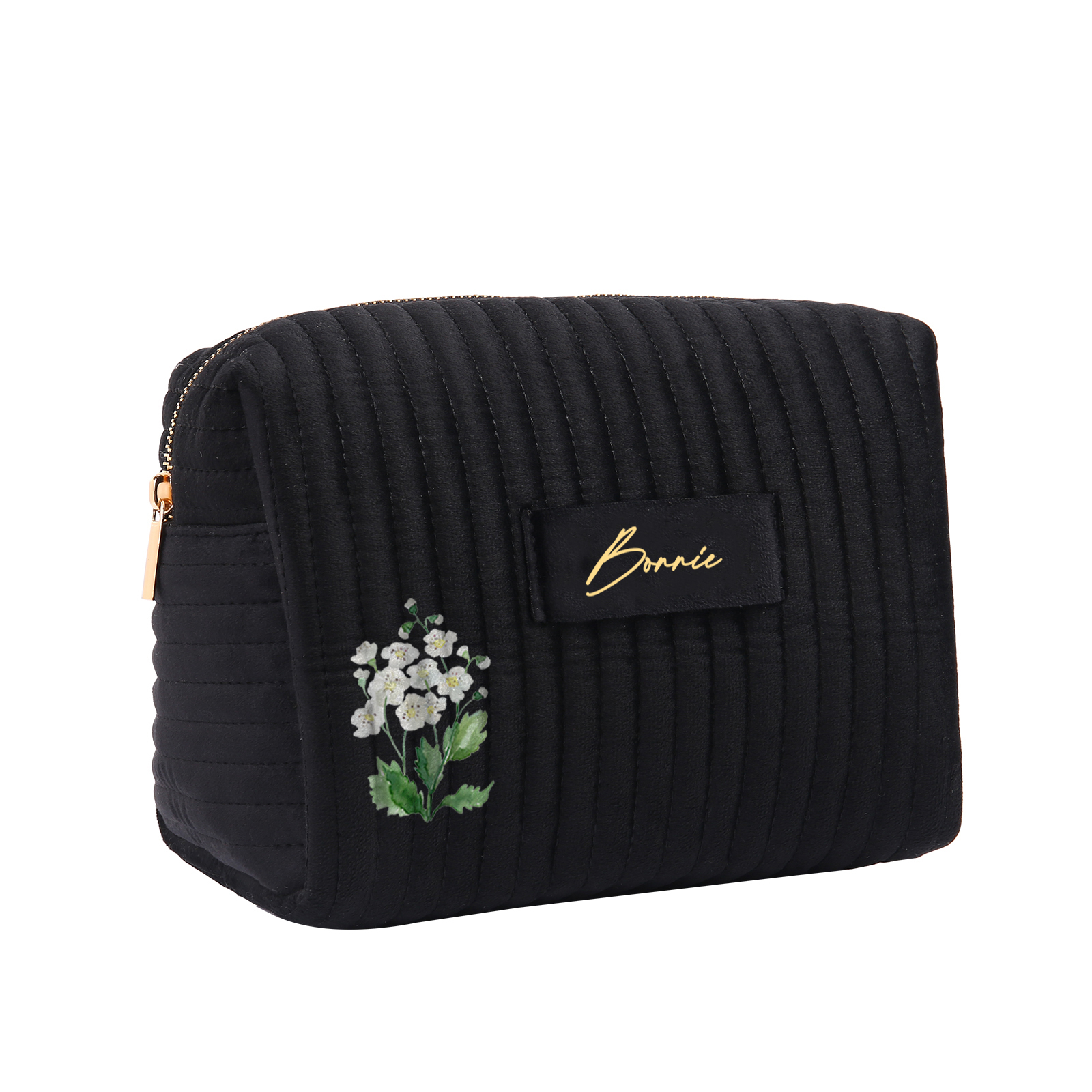 Ladies Personalised Name and Birthflower Velvet Custom Travel Cosmetic Makeup Bag With Compartments - Wedding Gift for Bridesmaid 