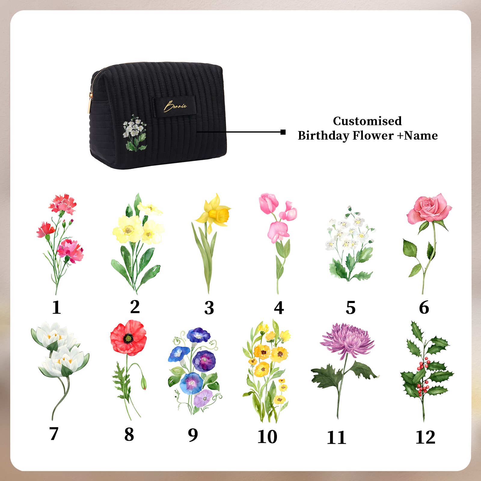 Ladies Personalised Name and Birthflower Velvet Custom Travel Cosmetic Makeup Bag With Compartments - Wedding Gift for Bridesmaid 