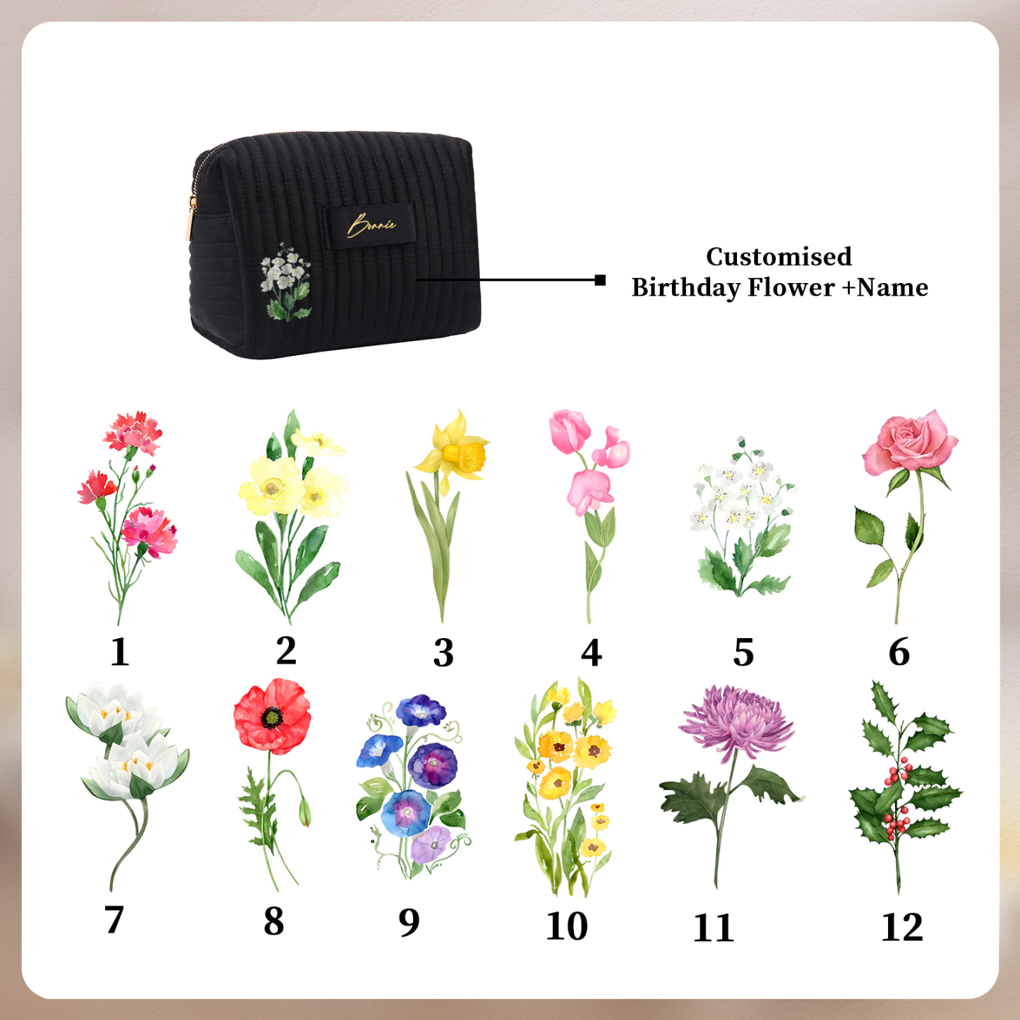 Ladies Personalised Name and Birthflower Velvet Custom Travel Cosmetic Makeup Bag With Compartments - Wedding Gift for Bridesmaid 