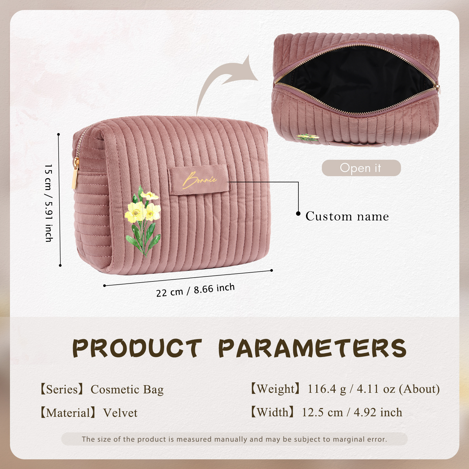 Ladies Personalised Name and Birthflower Velvet Custom Travel Cosmetic Makeup Bag With Compartments - Wedding Gift for Bridesmaid 