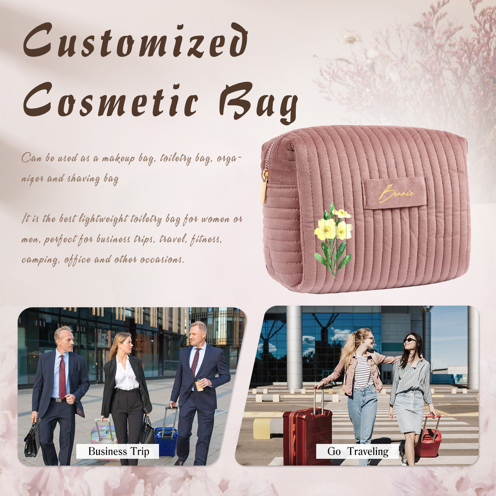 Ladies Personalised Name and Birthflower Velvet Custom Travel Cosmetic Makeup Bag With Compartments - Wedding Gift for Bridesmaid 