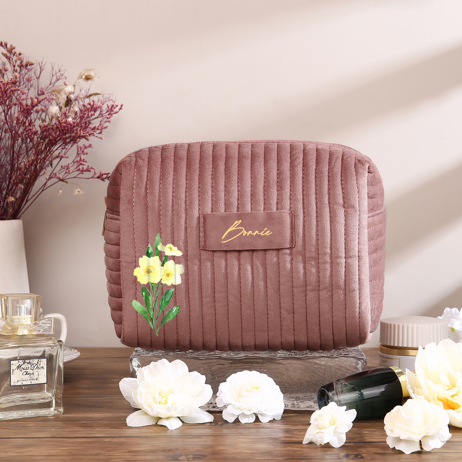 Ladies Personalised Name and Birthflower Velvet Custom Travel Cosmetic Makeup Bag With Compartments - Wedding Gift for Bridesmaid 