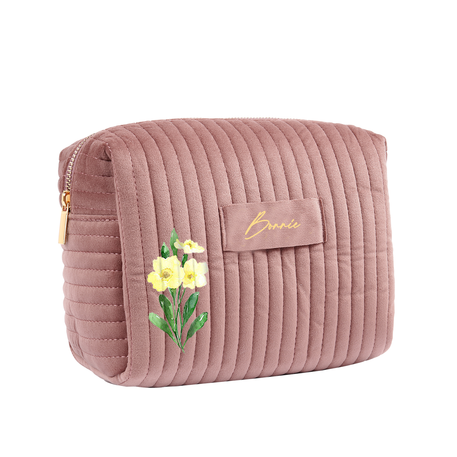 Ladies Personalised Name and Birthflower Velvet Custom Travel Cosmetic Makeup Bag With Compartments - Wedding Gift for Bridesmaid 