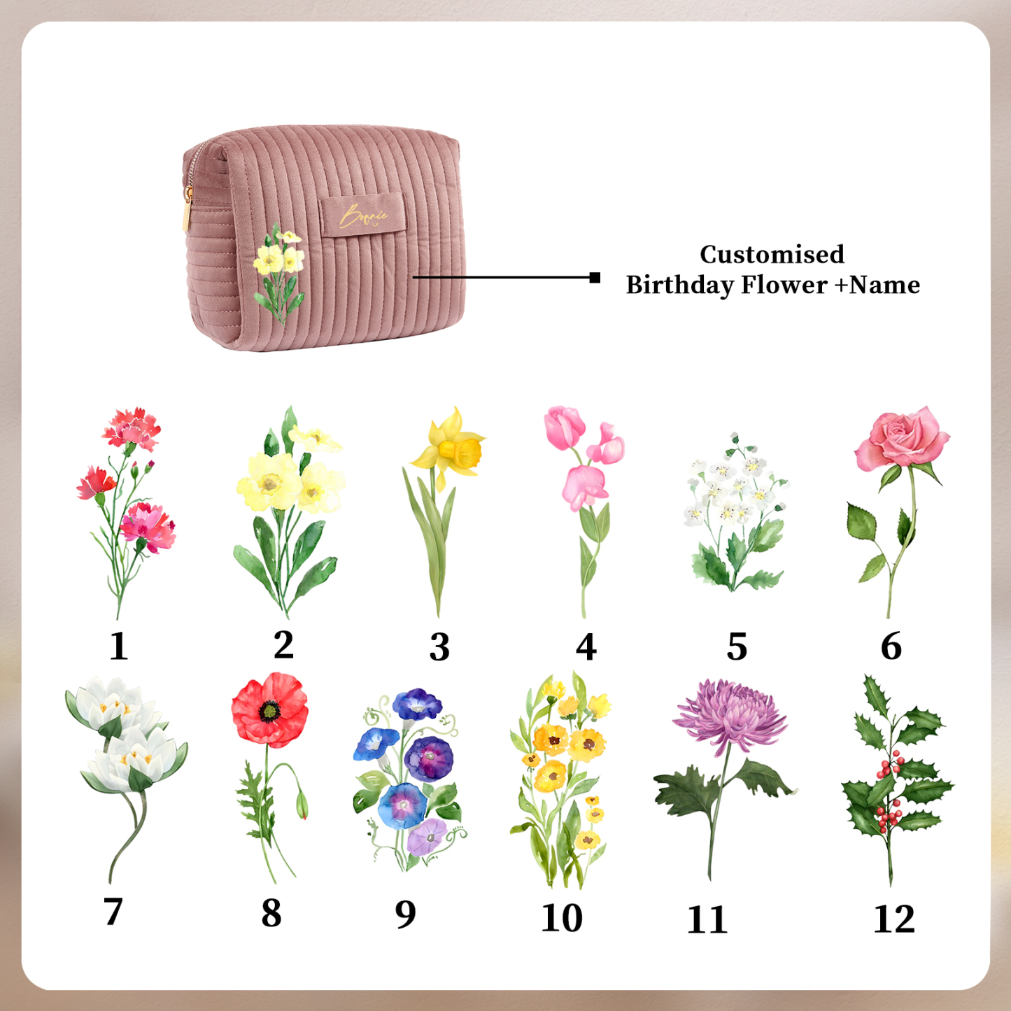 Ladies Personalised Name and Birthflower Velvet Custom Travel Cosmetic Makeup Bag With Compartments - Wedding Gift for Bridesmaid 