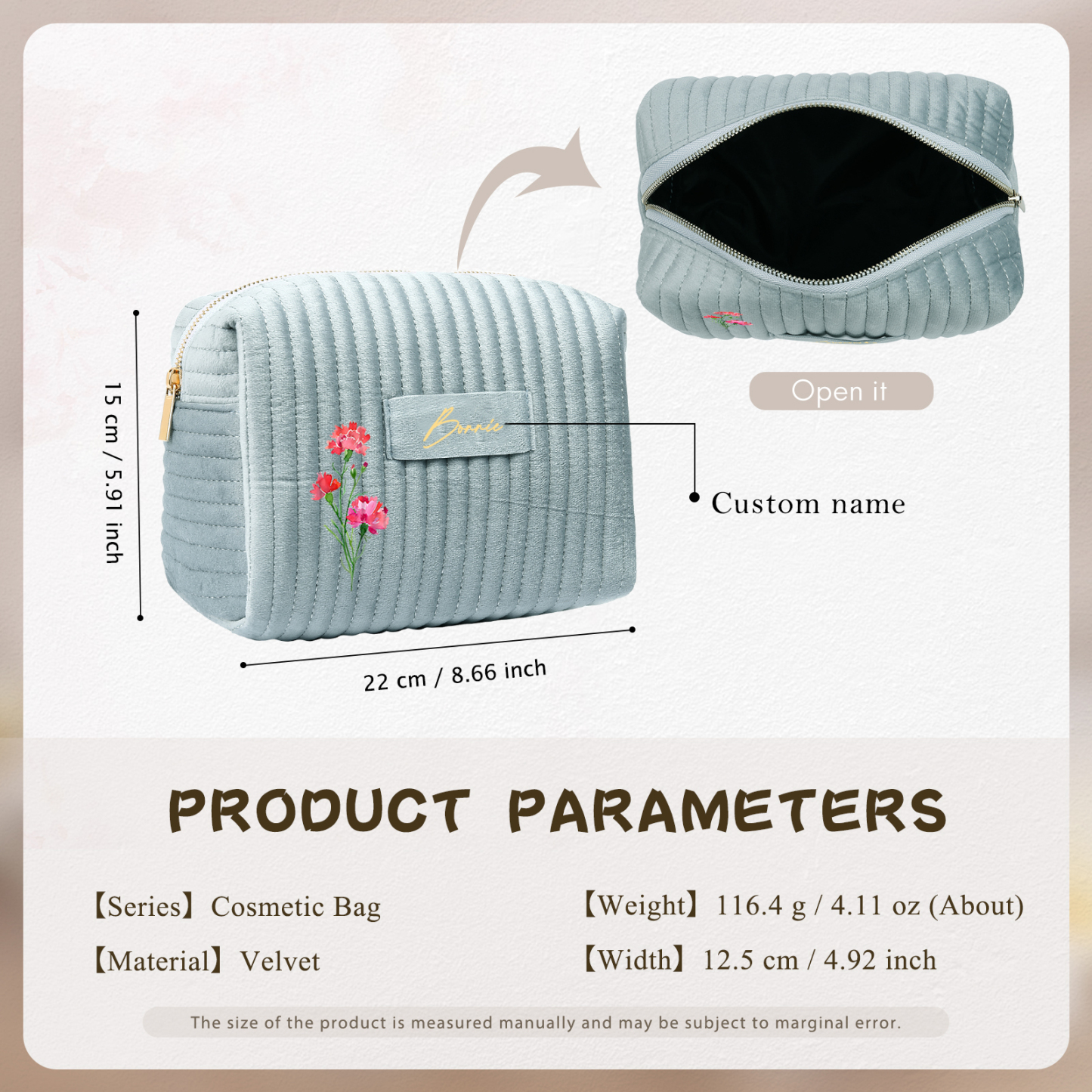 Ladies Personalised Name and Birthflower Velvet Custom Travel Cosmetic Makeup Bag With Compartments - Wedding Gift for Bridesmaid 