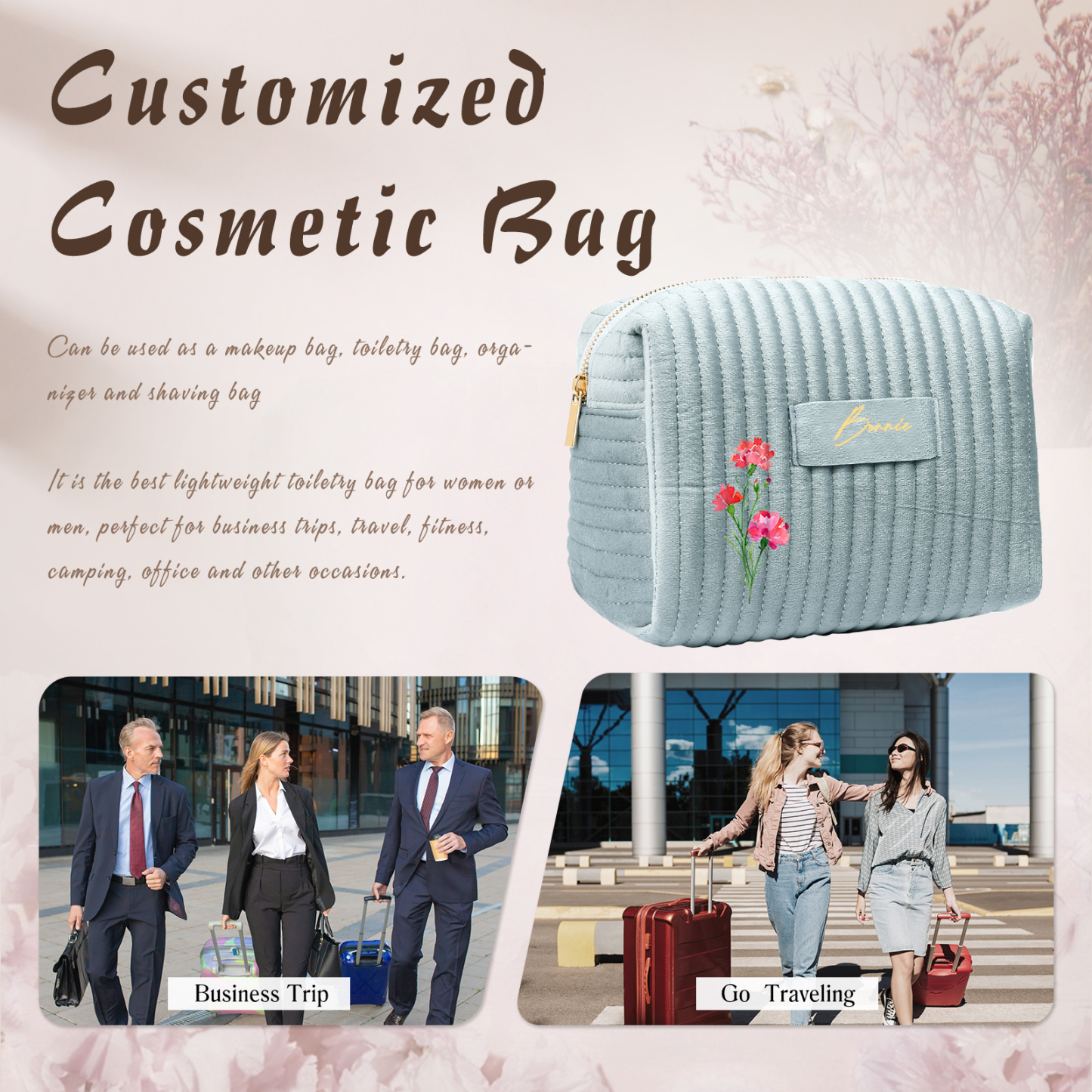 Ladies Personalised Name and Birthflower Velvet Custom Travel Cosmetic Makeup Bag With Compartments - Wedding Gift for Bridesmaid 