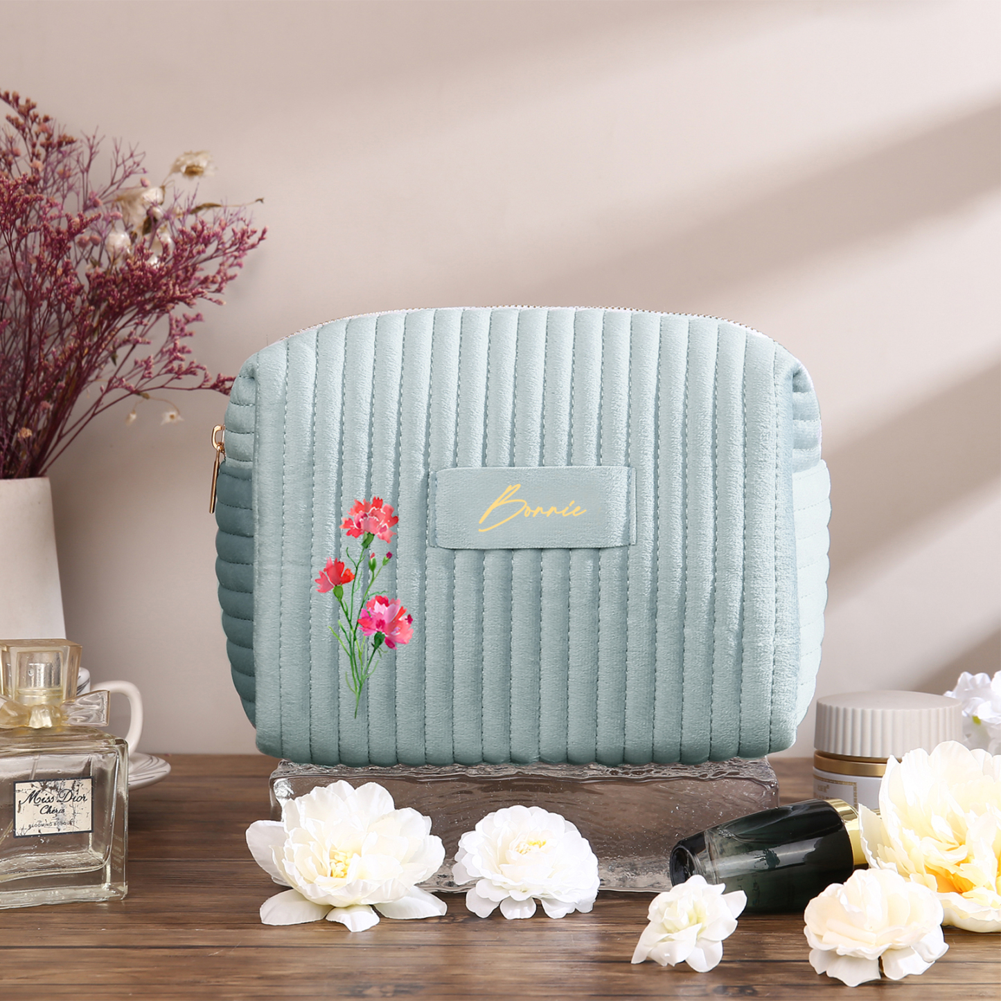 Ladies Personalised Name and Birthflower Velvet Custom Travel Cosmetic Makeup Bag With Compartments - Wedding Gift for Bridesmaid 