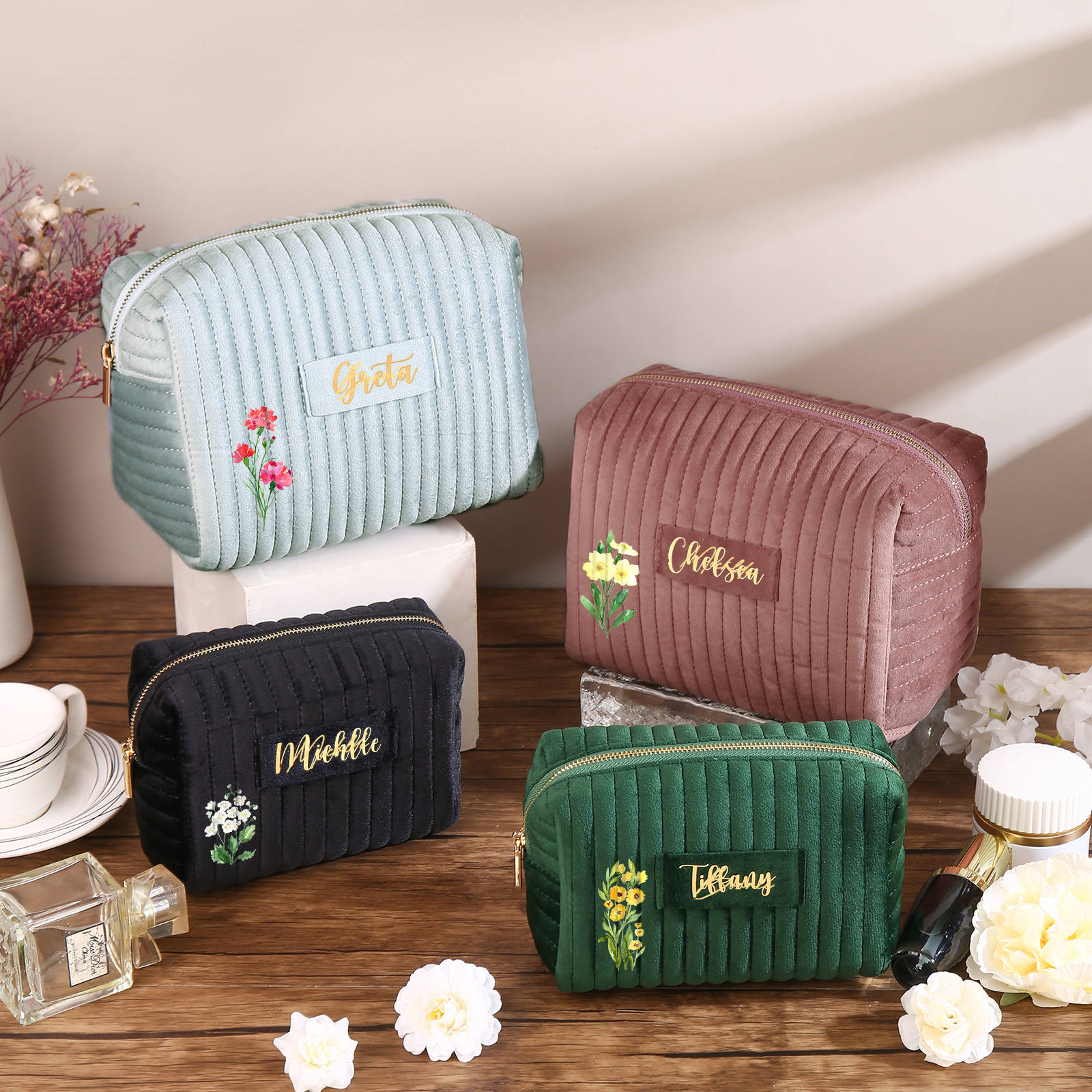 Ladies Personalised Name and Birthflower Velvet Custom Travel Cosmetic Makeup Bag With Compartments - Wedding Gift for Bridesmaid 